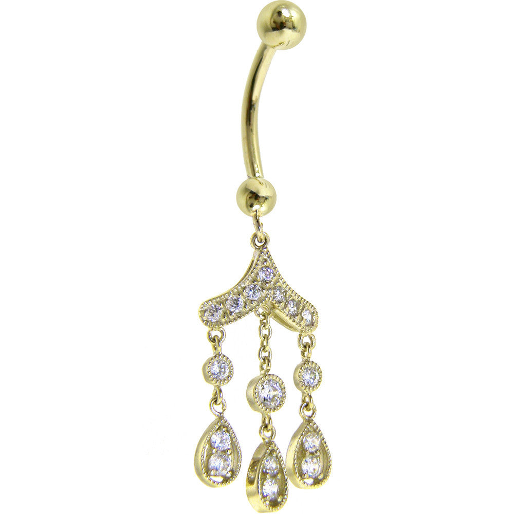16G Solid 14K Yellow Gold CZ Gem CHANDELIER Dangle Belly Ring