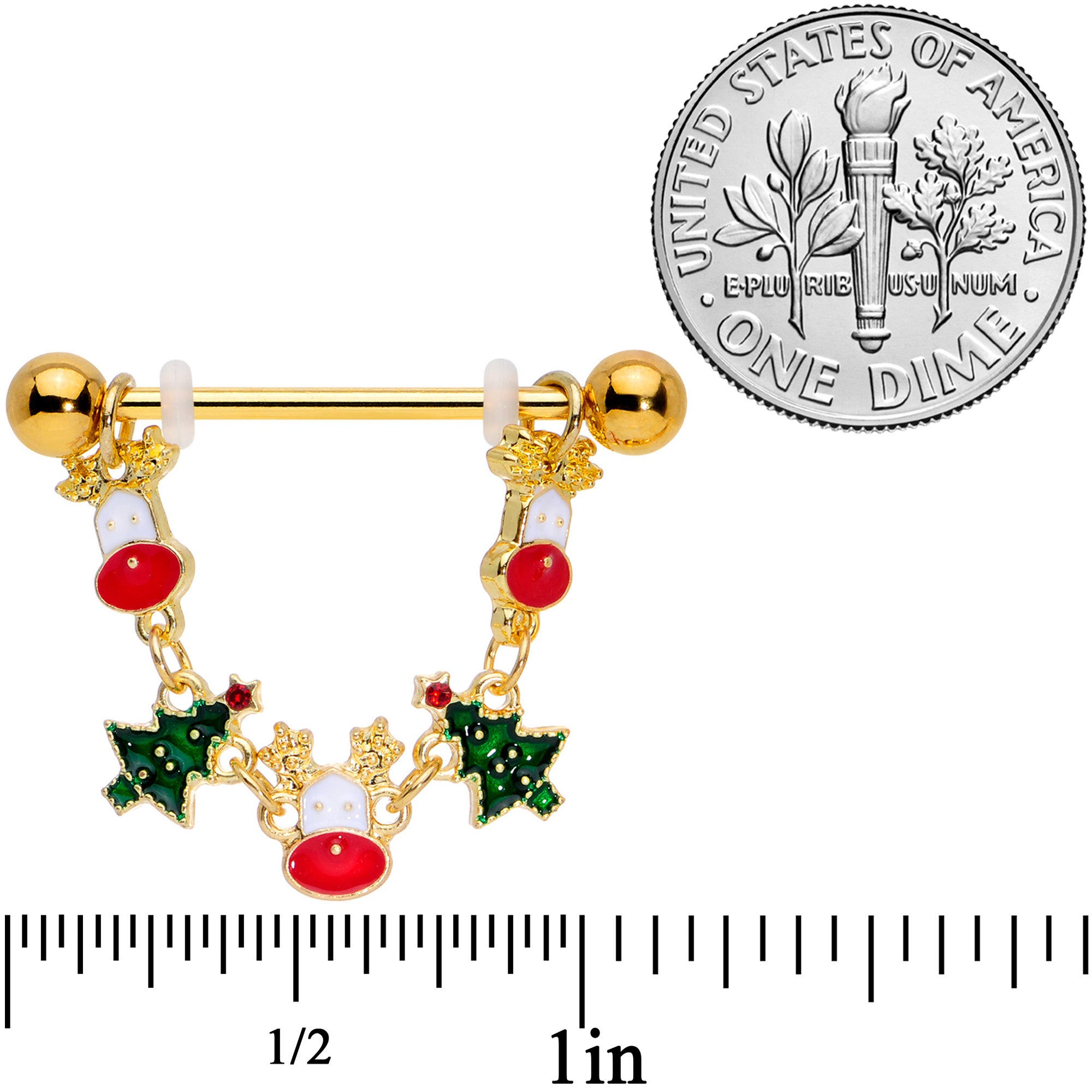 14G 9/16 Gold Tone Reindeer Christmas Tree Dangle Nipple Ring Set