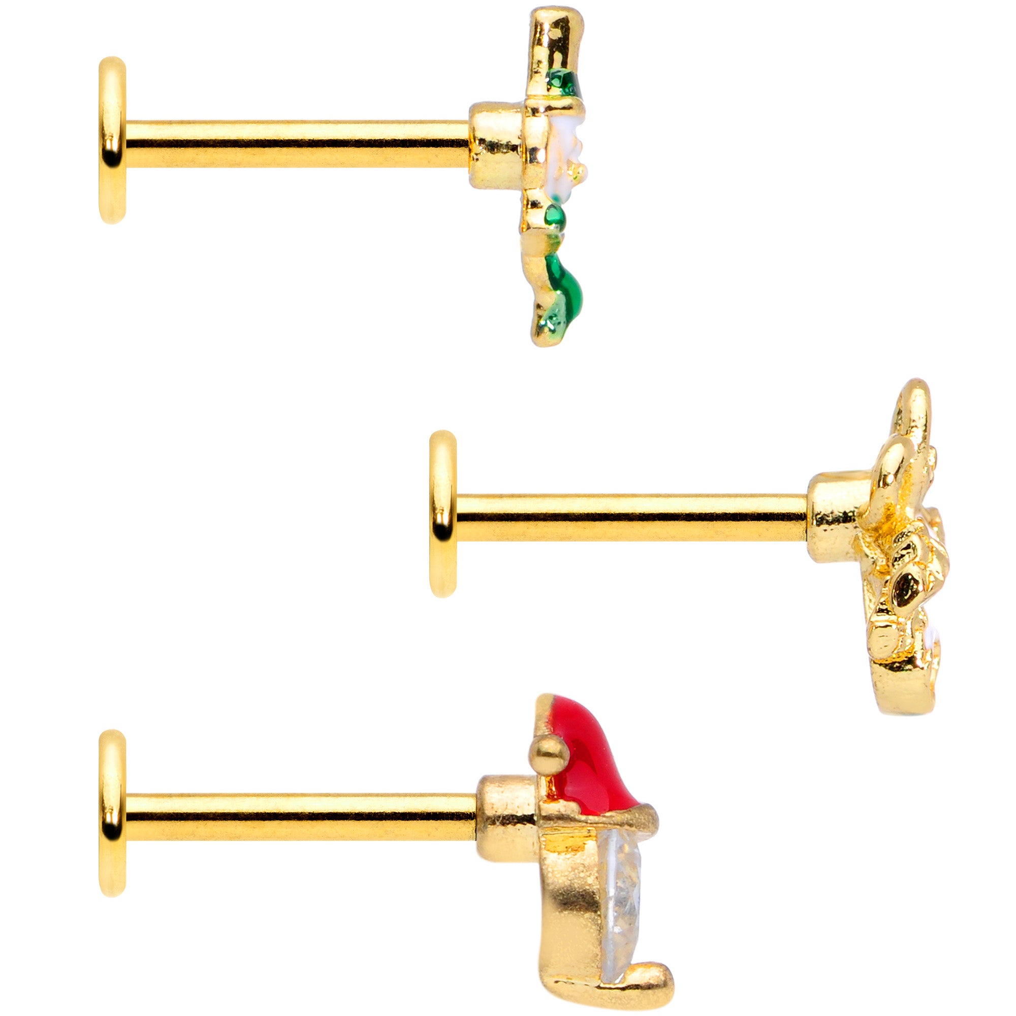 16G 5/16 Clear Gem Gold Tone Christmas Labret Monroe Tragus Set of 3