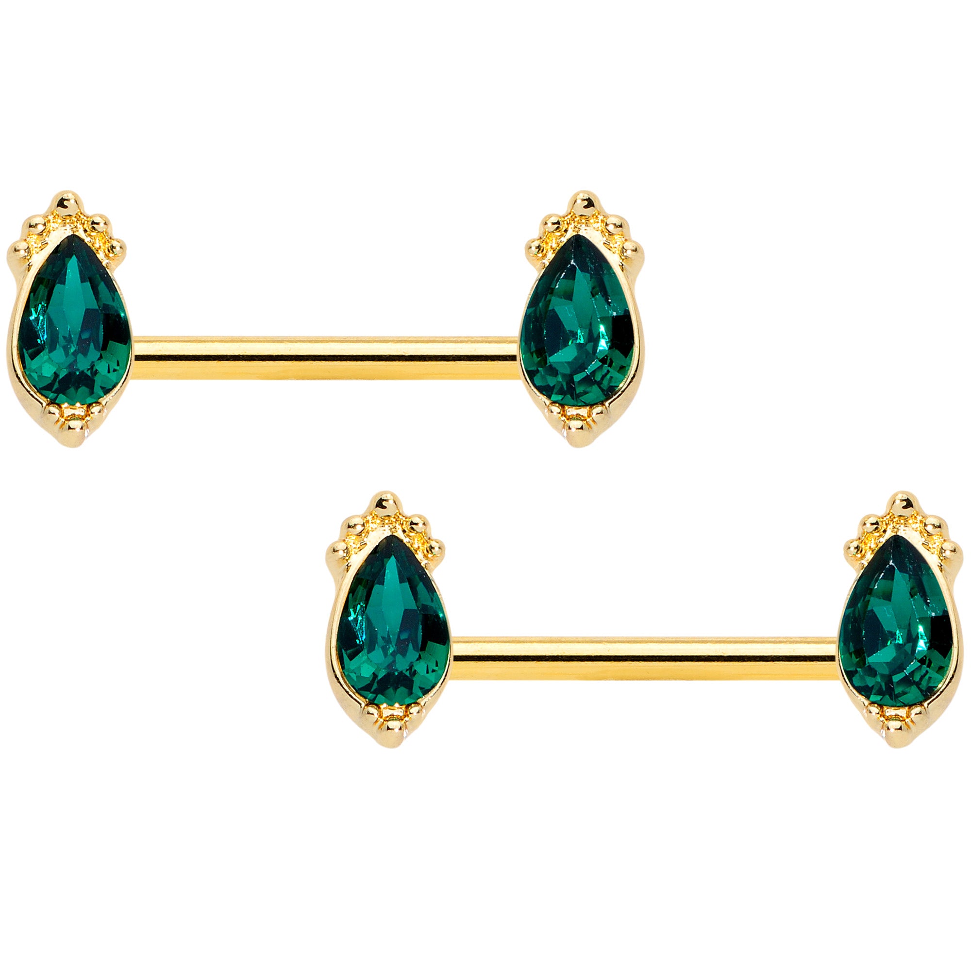 14G 9/16 Green Gem Gold Tone Drop Barbell Nipple Ring Set