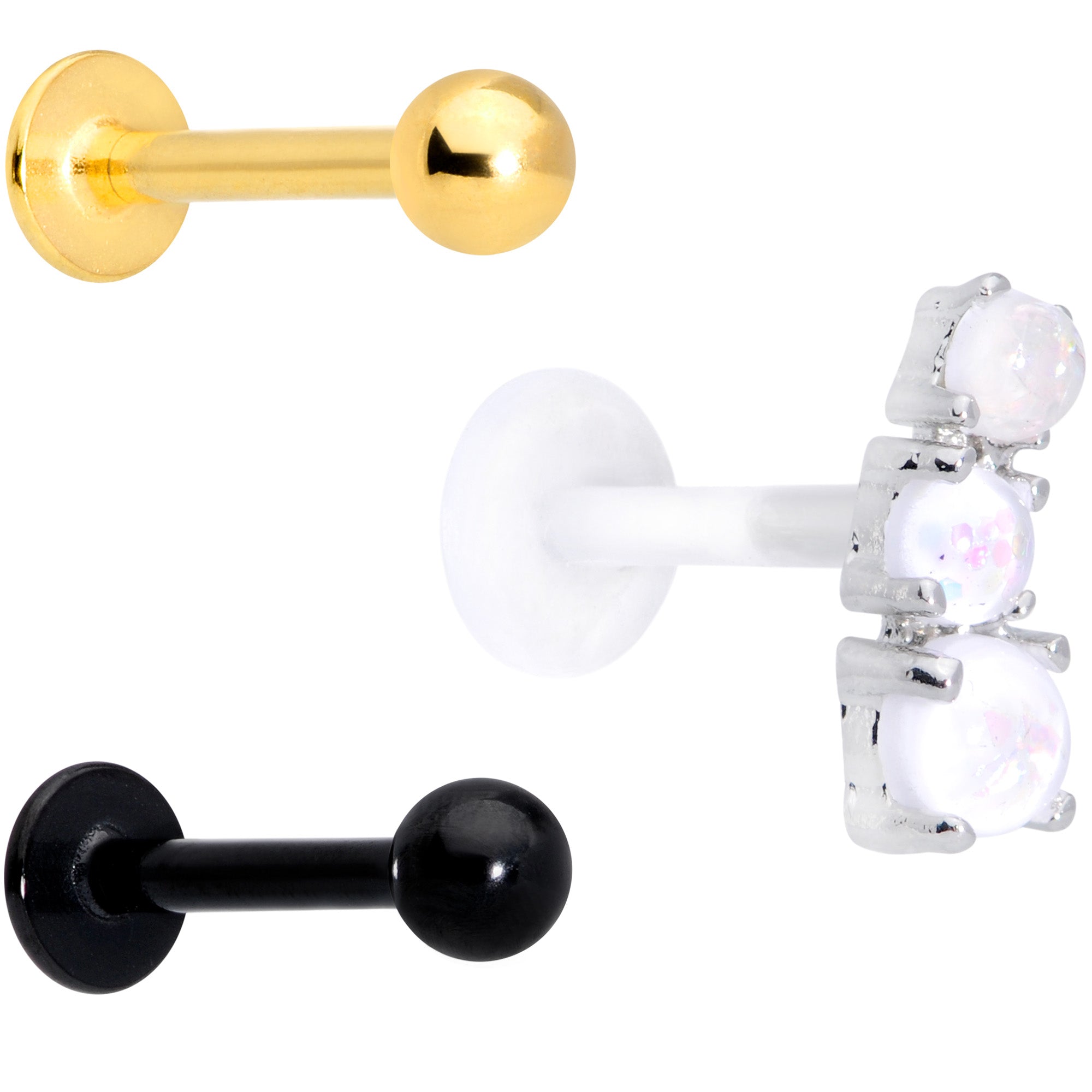 16G 5/16 White Faux Opal Bioplast Gold Tone Labret Set of 3