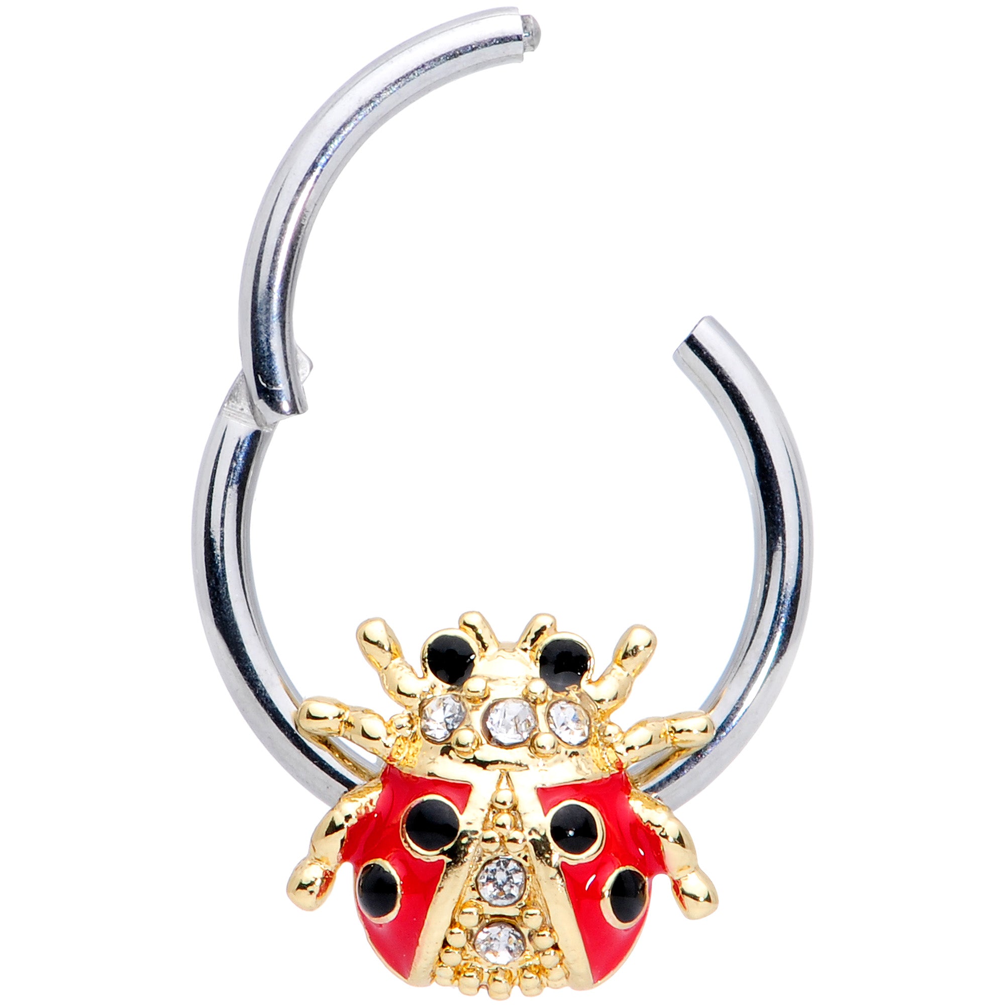 16G 3/8 Clear Gem Red Black Ladybug Hinged Segment Ring