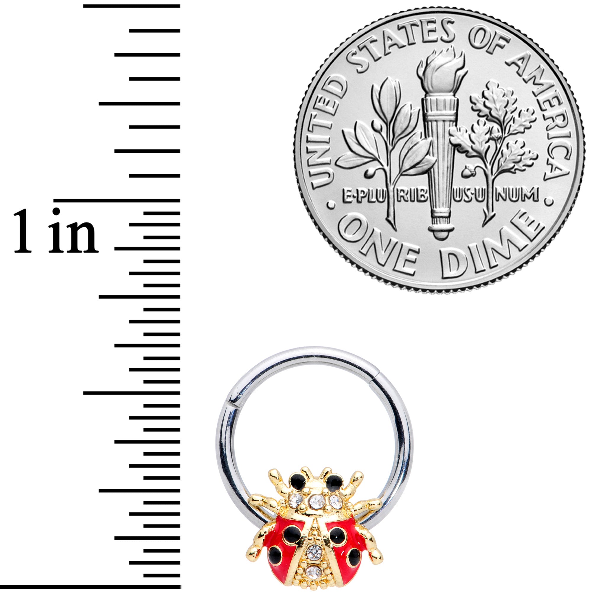 16G 3/8 Clear Gem Red Black Ladybug Hinged Segment Ring