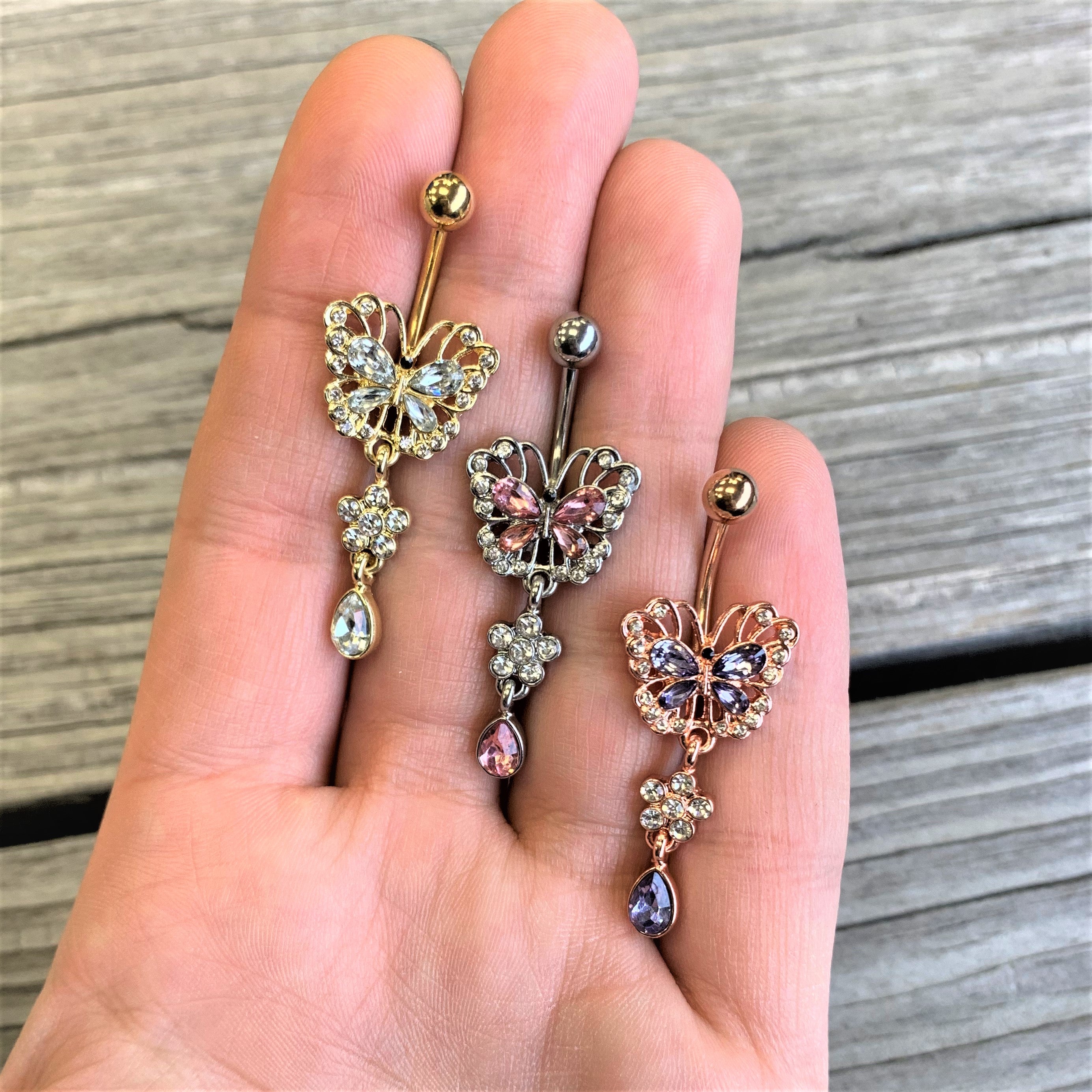 Purple Gem Rose Gold Tone Lacy Butterfly Flower Drop Dangle Belly Ring