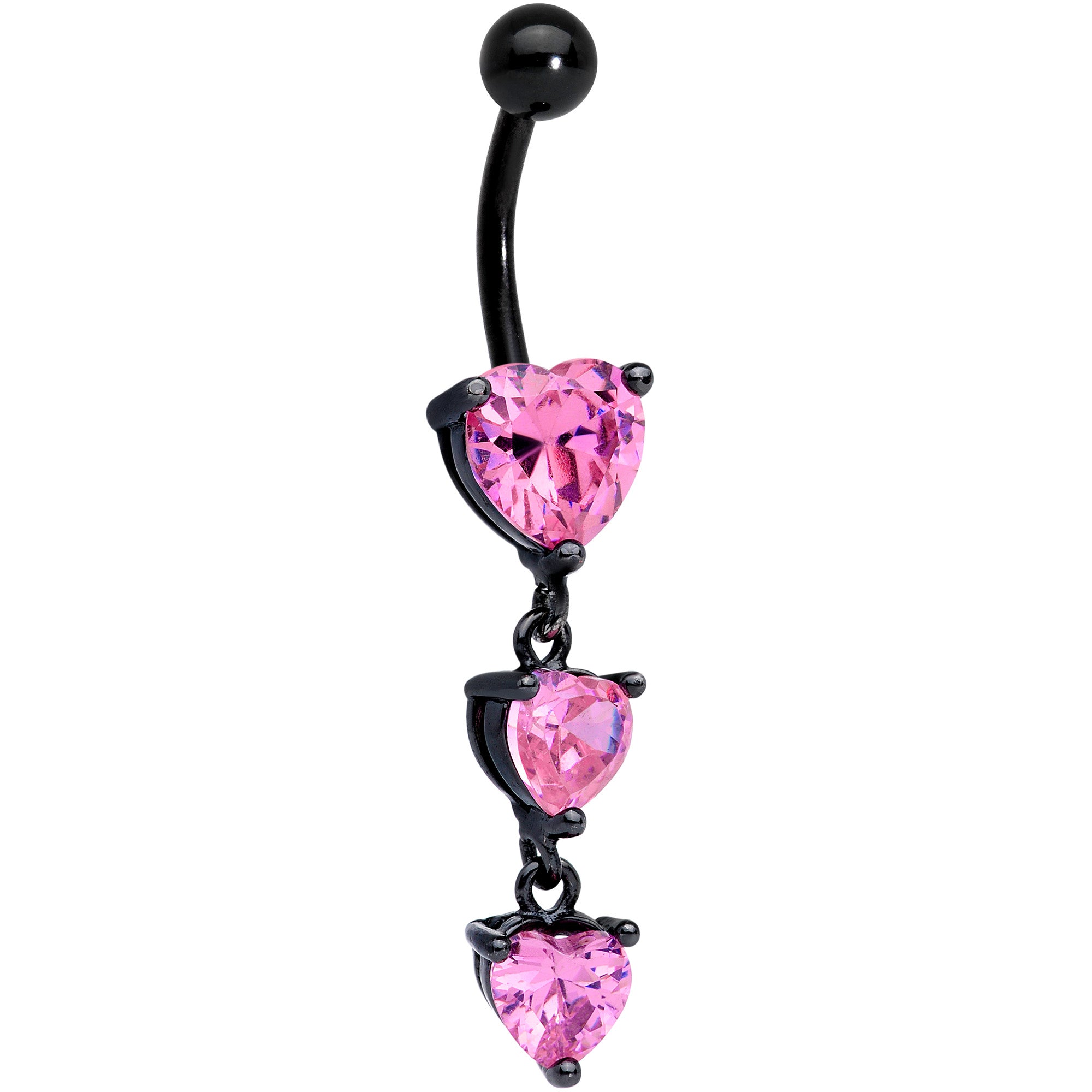 Pink CZ Gem Black Triple Heart Dangle Belly Ring