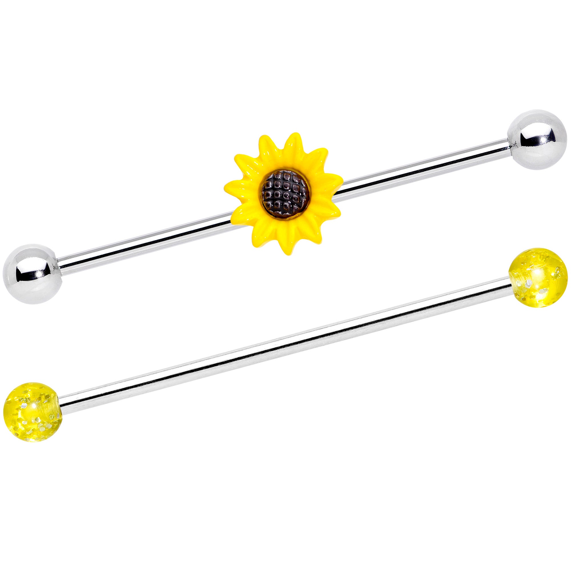 14G Yellow UV Glow Sunflower Industrial Barbell Set of 2 38mm