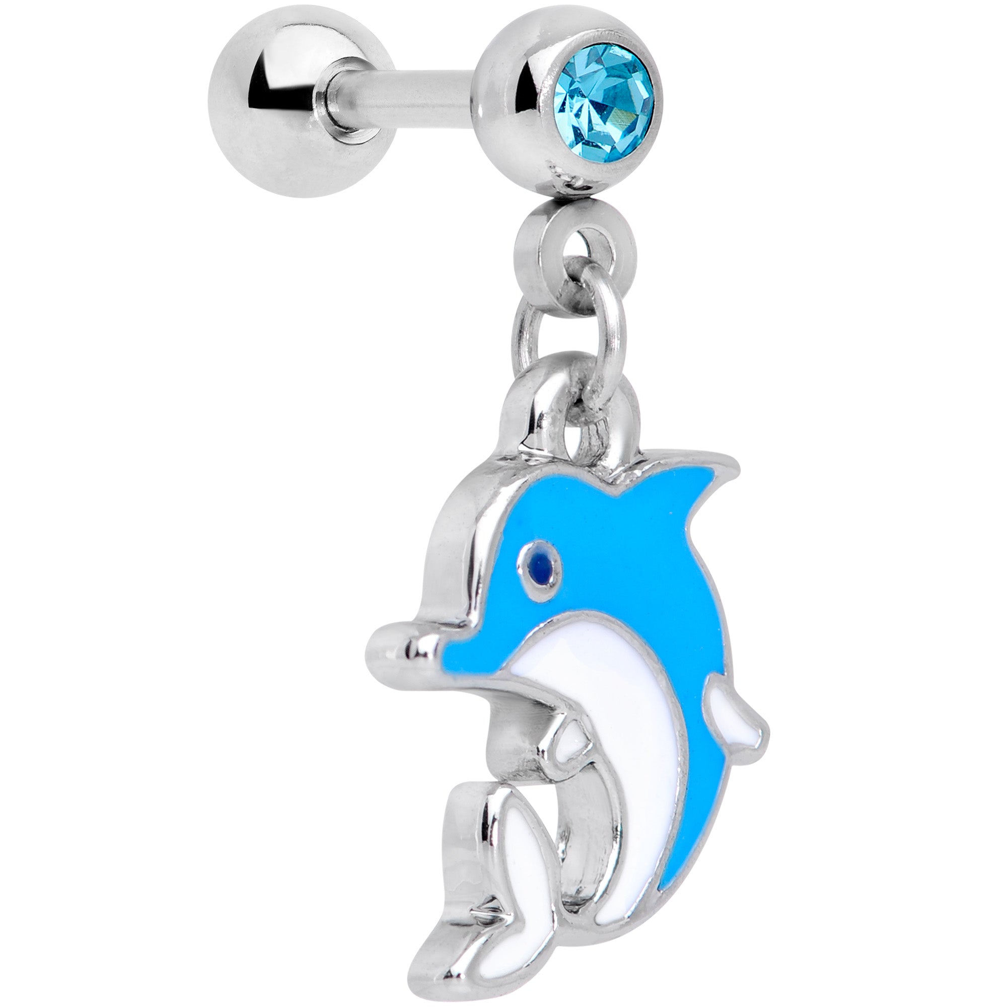 16G 1/4 Aqua Gem Blue Dolphin Dangle Cartilage Tragus Earring