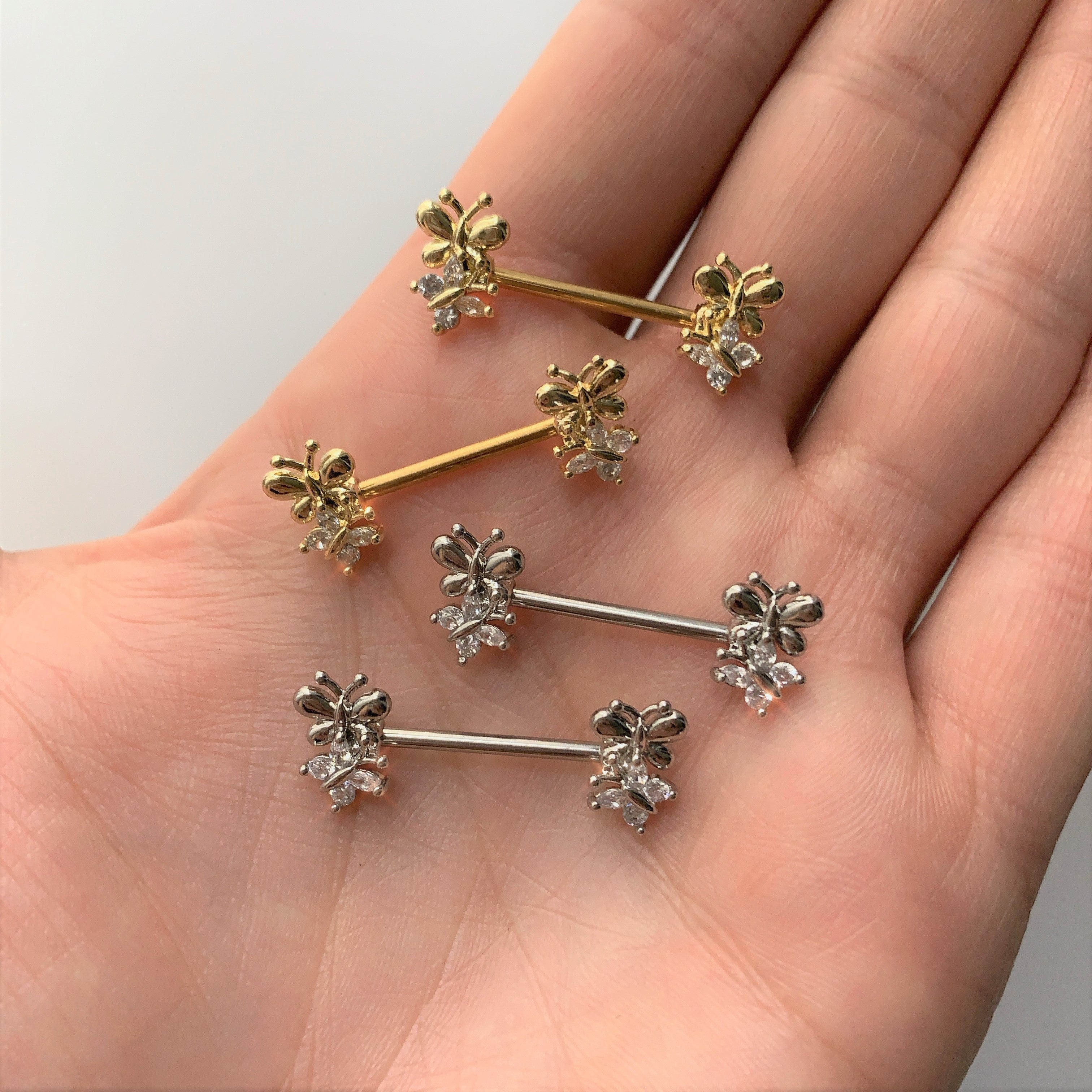 14G 5/8 Clear CZ Gem Gold Tone Butterfly Barbell Nipple Set