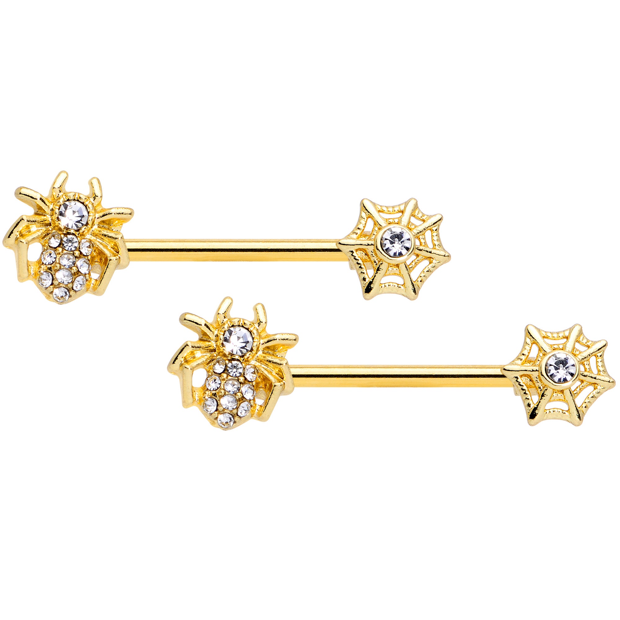 14G 5/8 Clear Gem Gold Tone Spider Web Barbell Nipple Ring Set