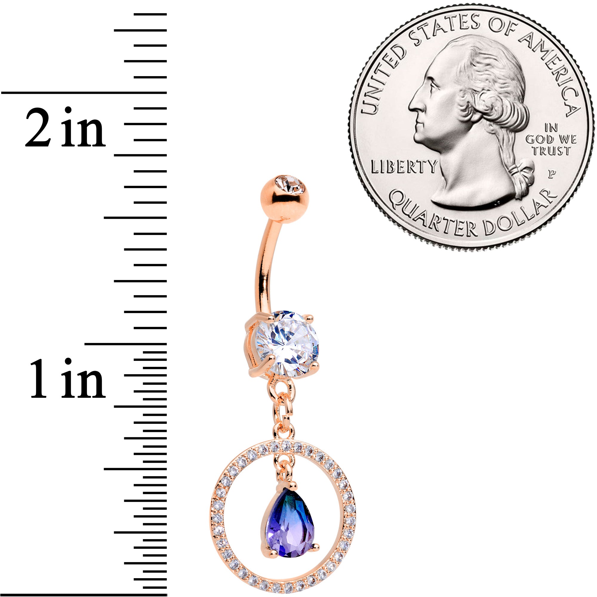 Blue Green CZ Gem Rose Gold Tone Drop Loop Dangle Belly Ring