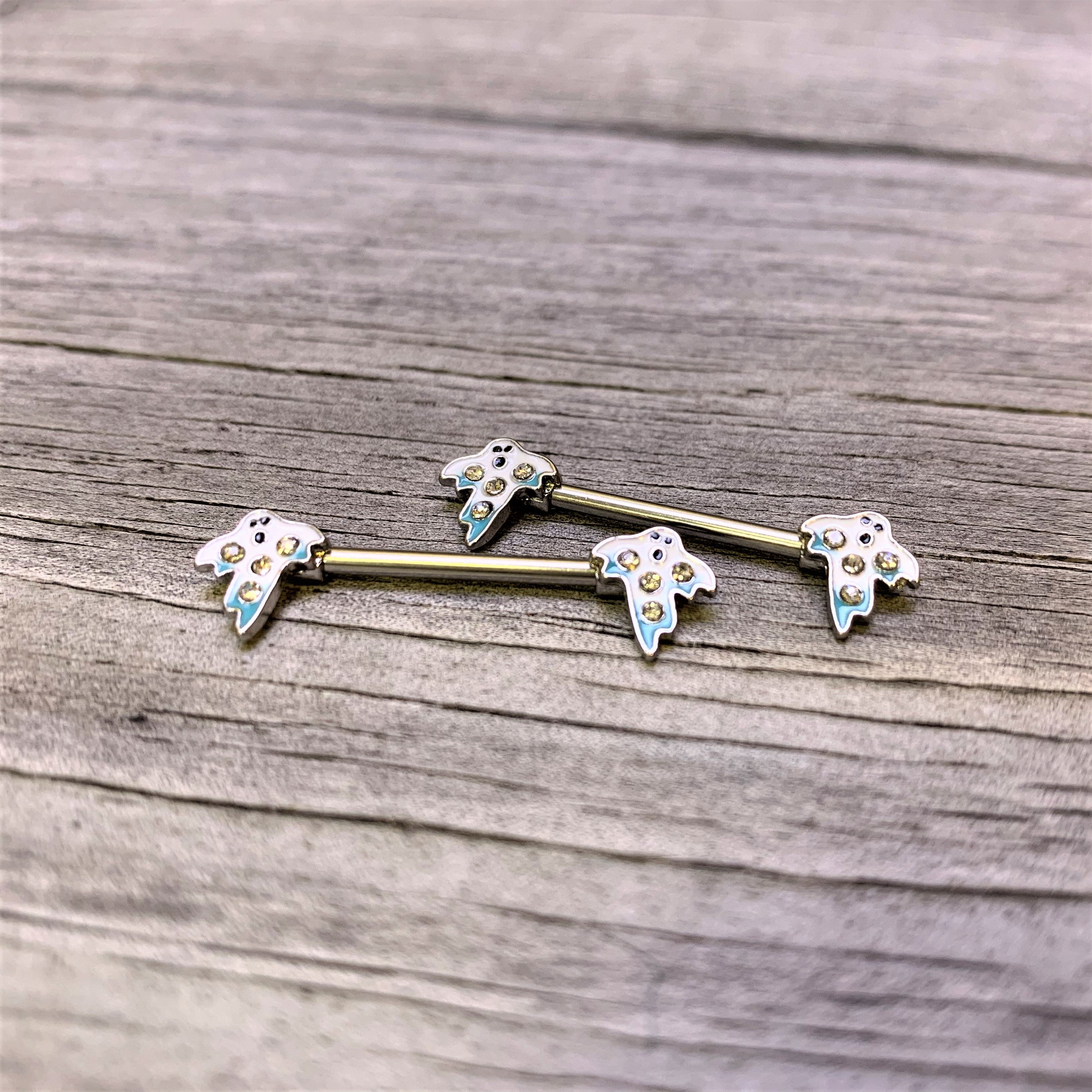 14G 9/16 Clear Gem White Ghost Halloween Barbell Nipple Ring Set