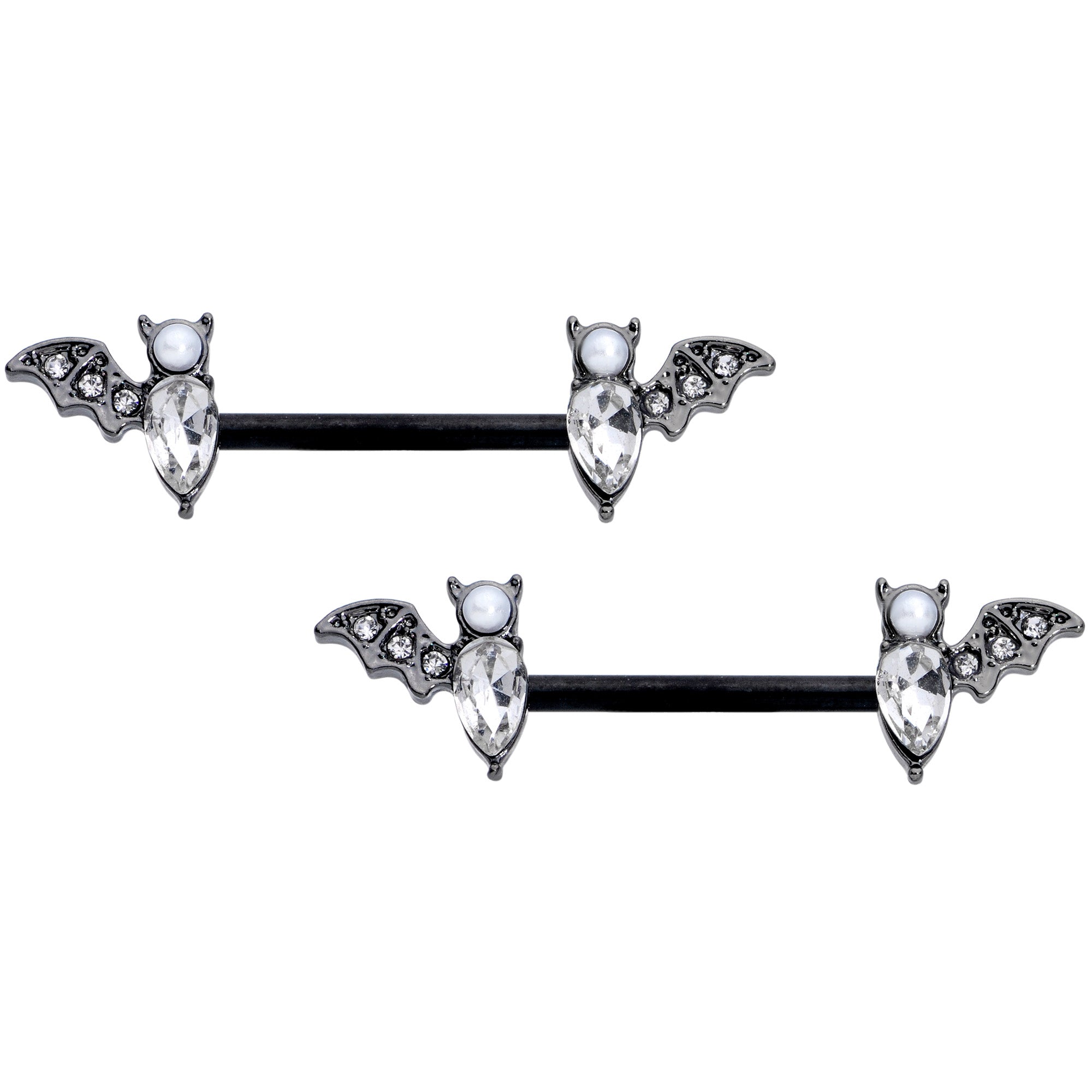 14G 9/16 Clear Gem Black Bat Halloween Barbell Nipple Ring Set