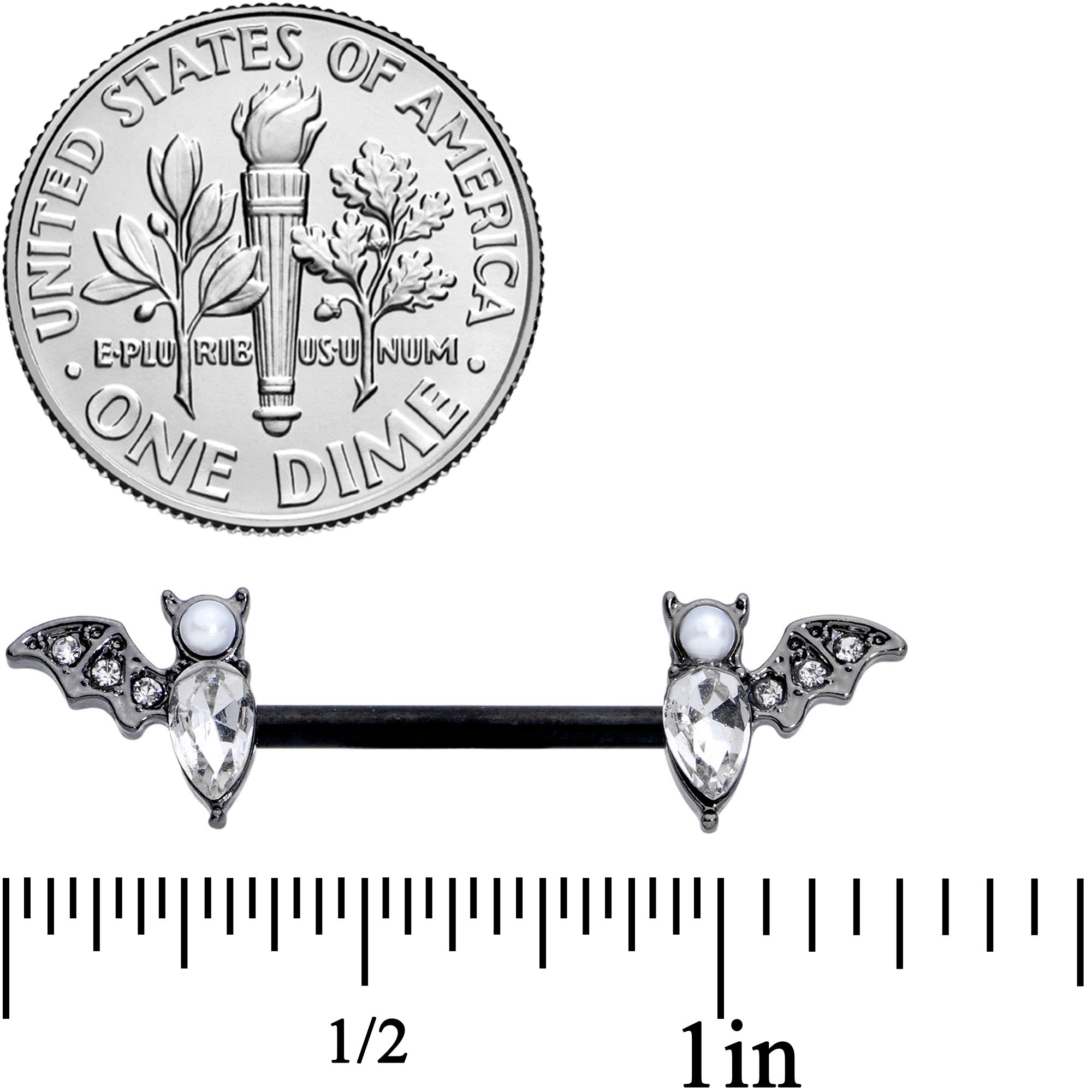 14G 9/16 Clear Gem Black Bat Halloween Barbell Nipple Ring Set