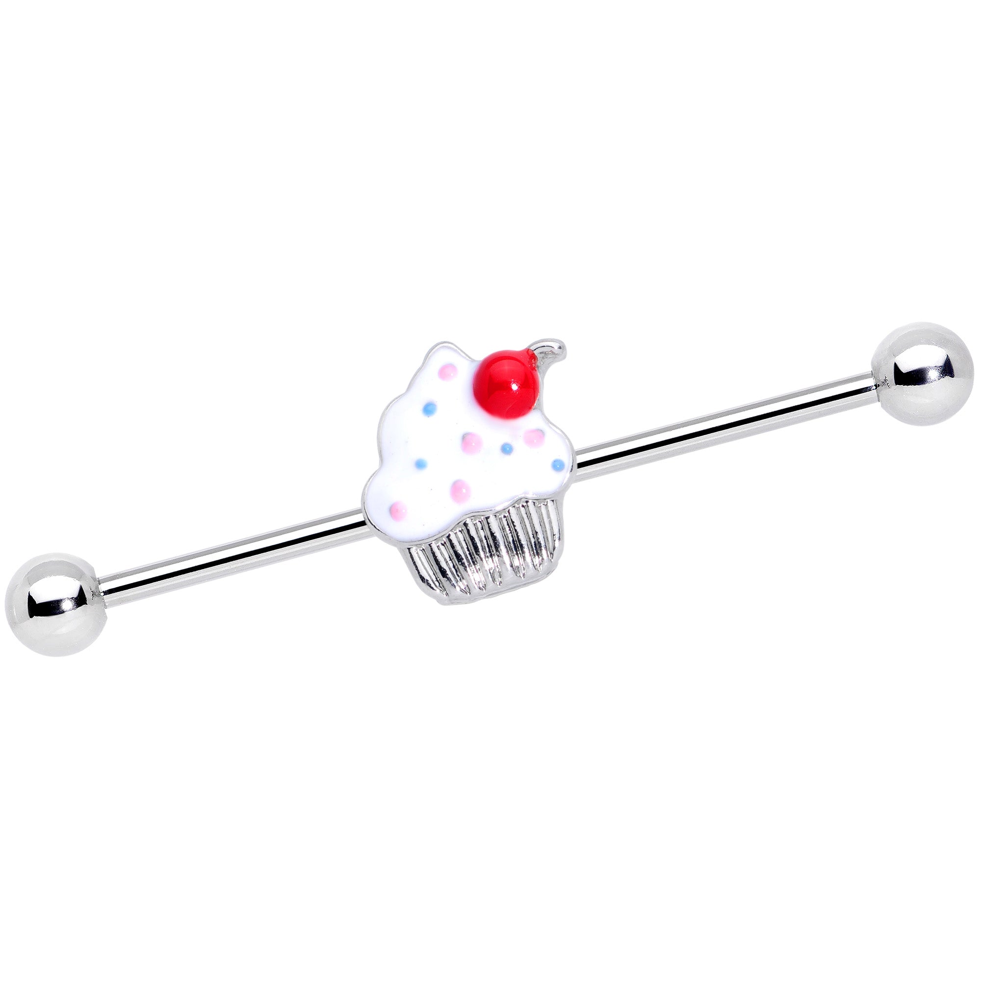 14G Red White Sprinkle Cherry Cupcake Industrial Barbell 38mm