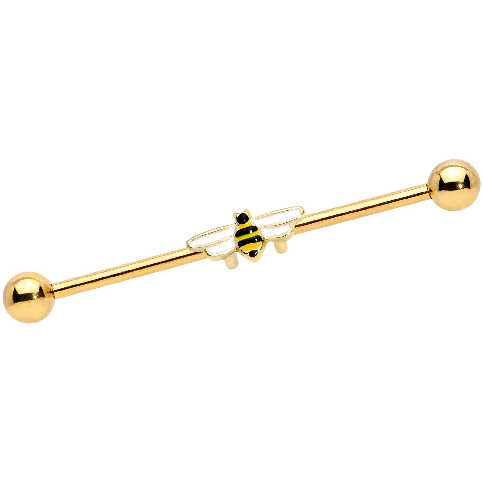 14G Gold Tone Black White Striped Bee Industrial Barbell 38mm