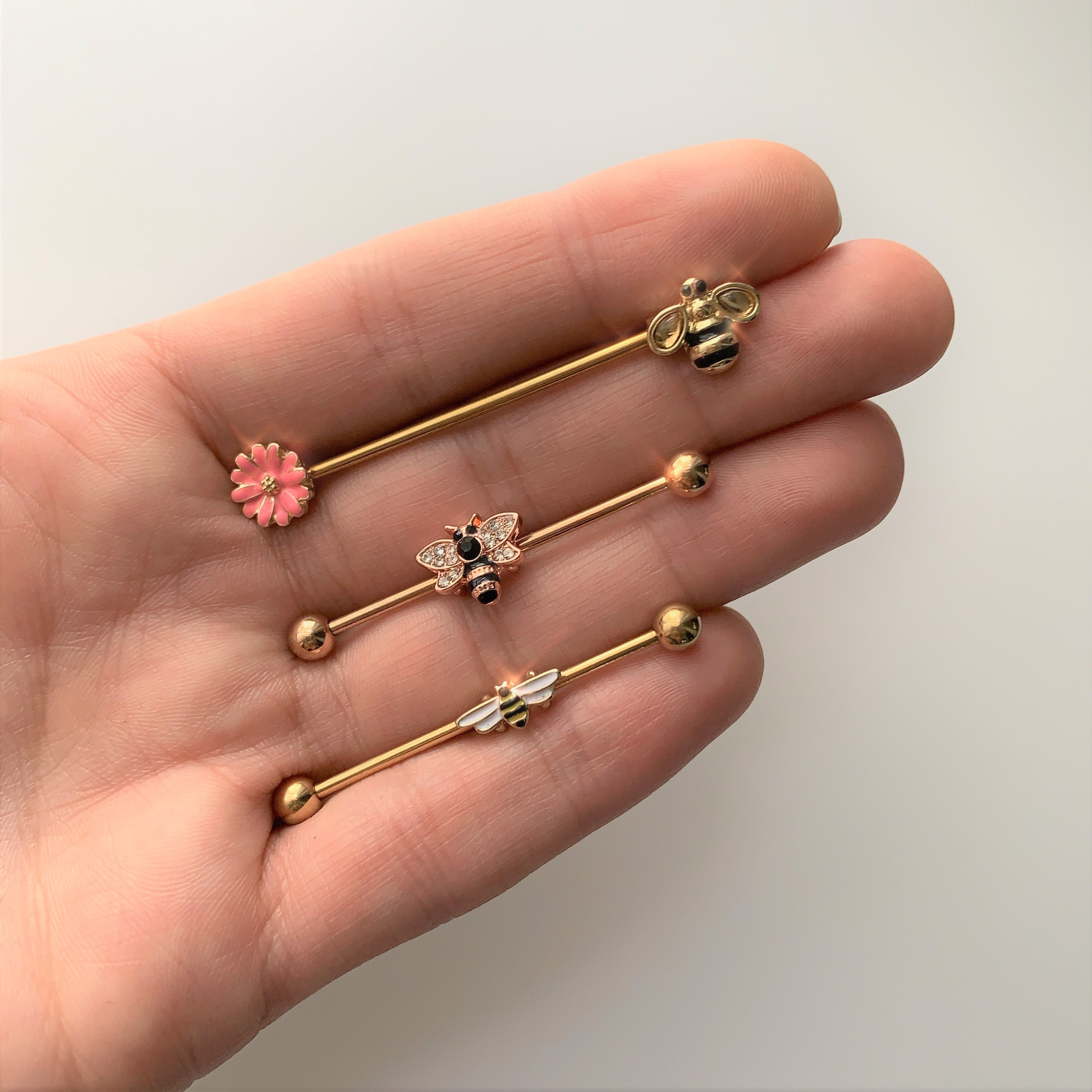 14G Clear Black Gem Rose Gold Tone Bee Industrial Barbell 38mm