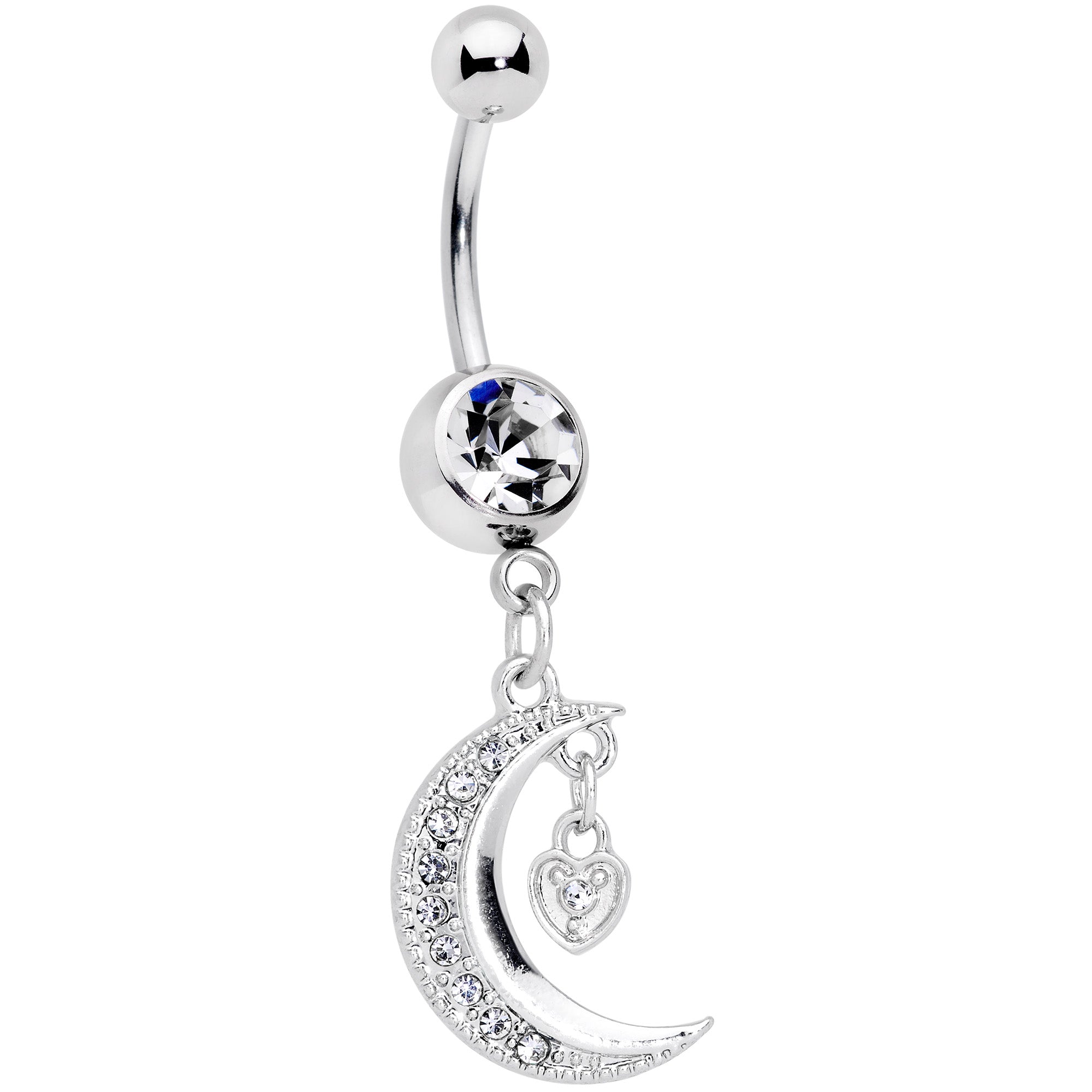 Clear CZ Gem Heart Padlock Crescent Moon Dangle Belly Ring