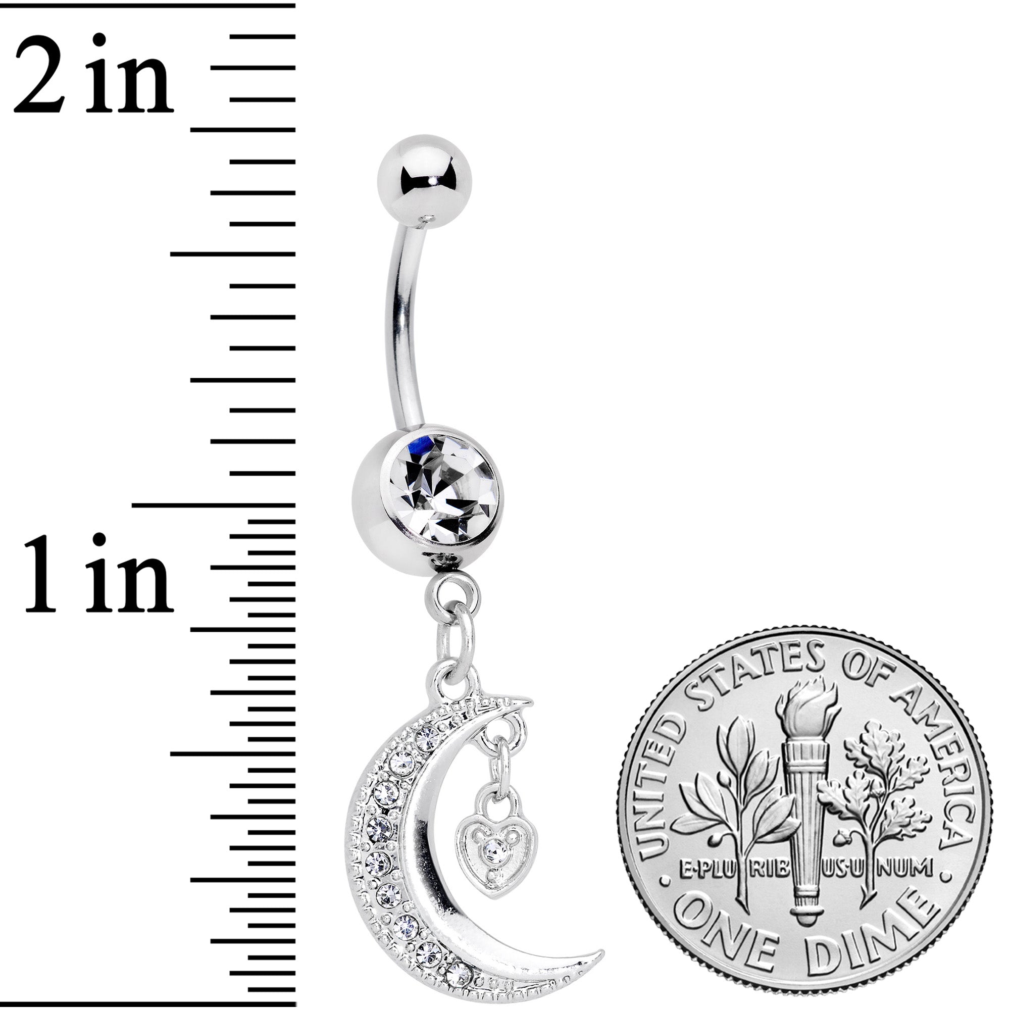 Clear CZ Gem Heart Padlock Crescent Moon Dangle Belly Ring