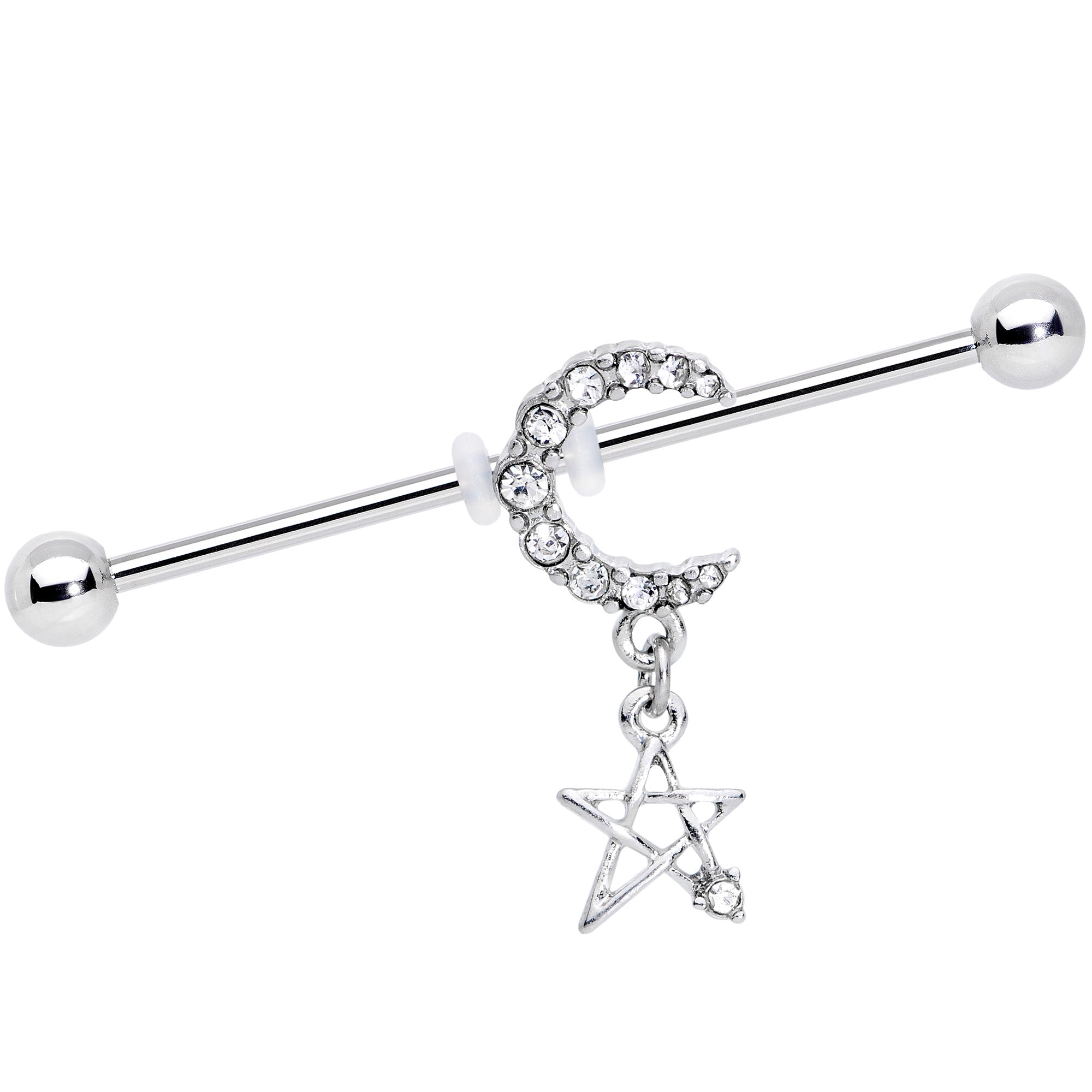 14G Clear Gem Moon Star Dangle Industrial Barbell 38mm