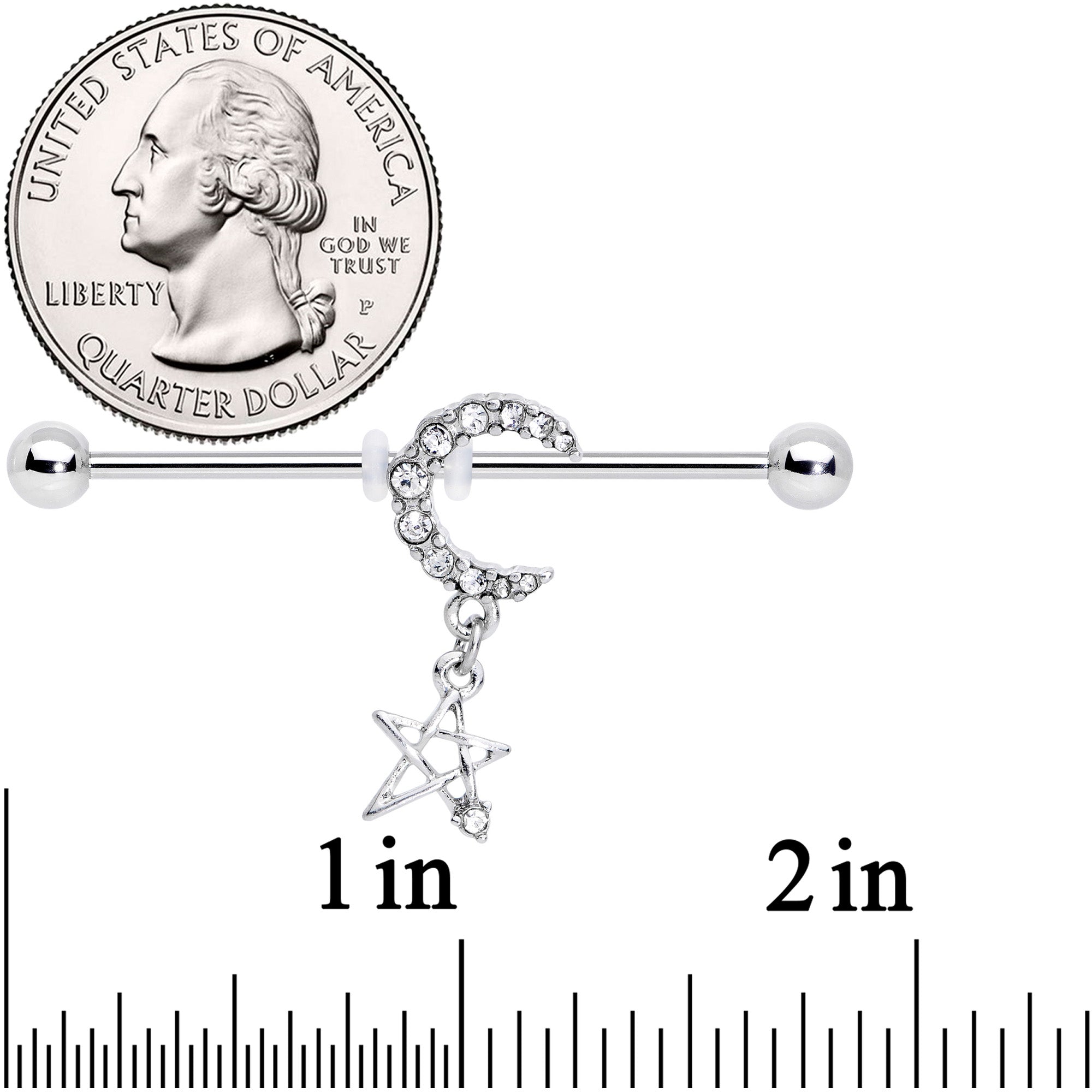 14G Clear Gem Moon Star Dangle Industrial Barbell 38mm