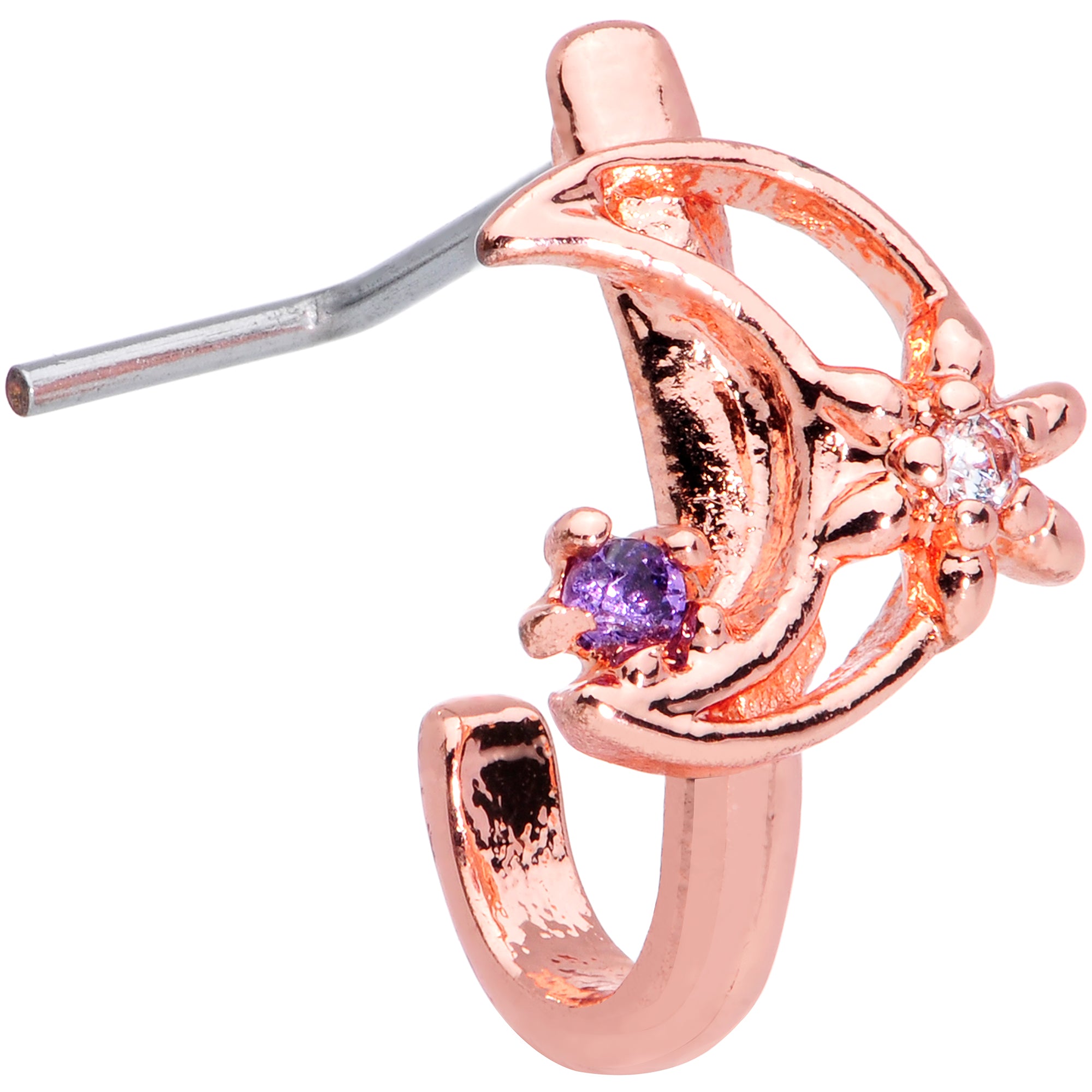 22G 5/16 Blue CZ Rose Gold Tone Moon Faux Hoop L Shaped Nose Ring