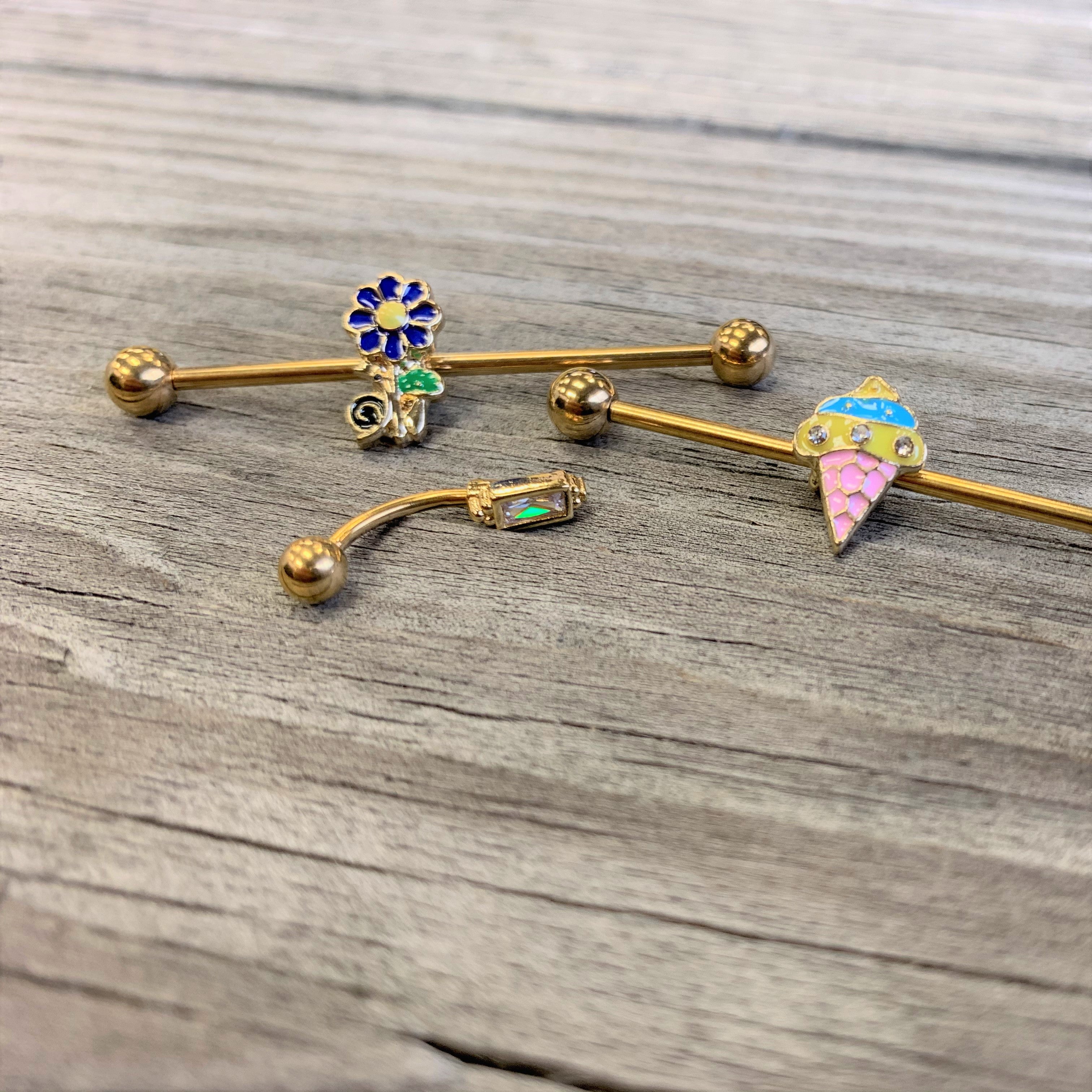 14G Clear Gem Gold Tone Ice Cream Cone Industrial Barbell 38mm