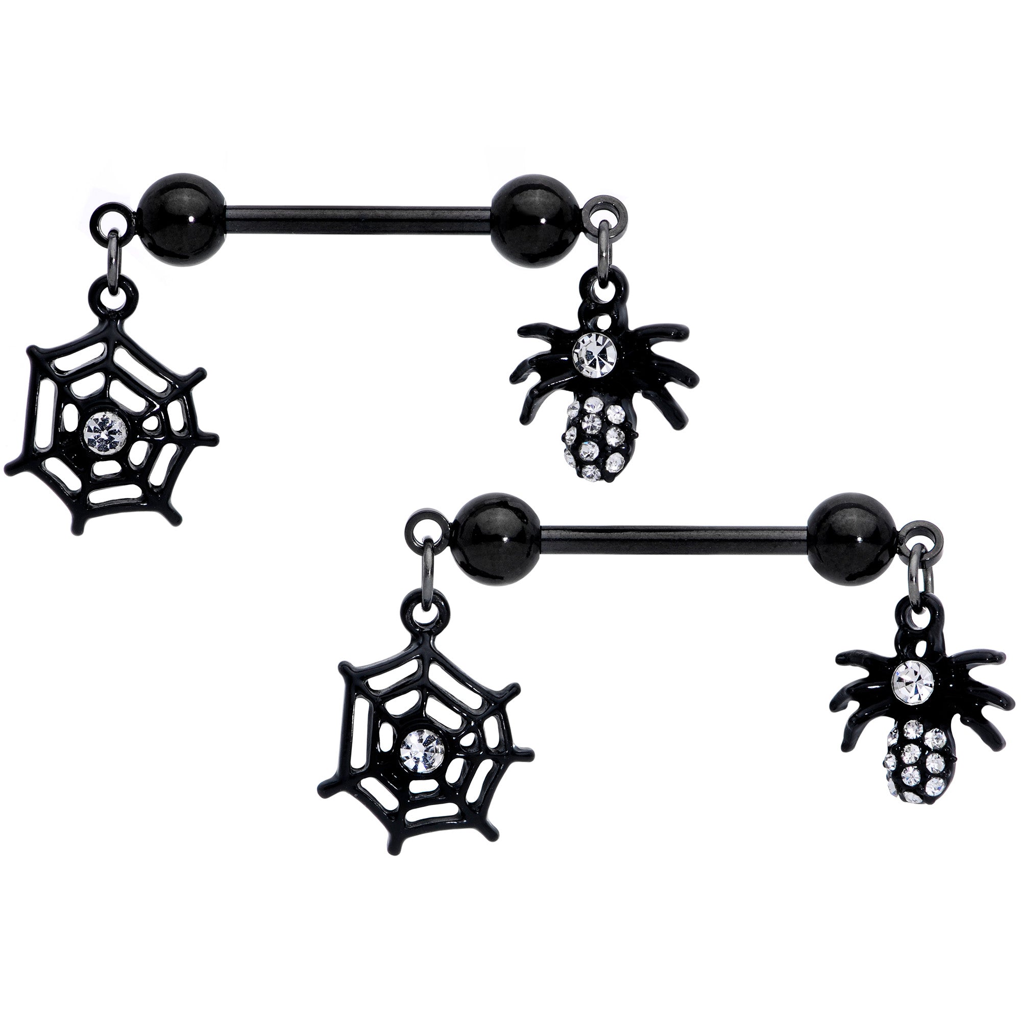 14G 9/16 Clear Gem Black Spider Web Dangle Barbell Nipple Ring Set