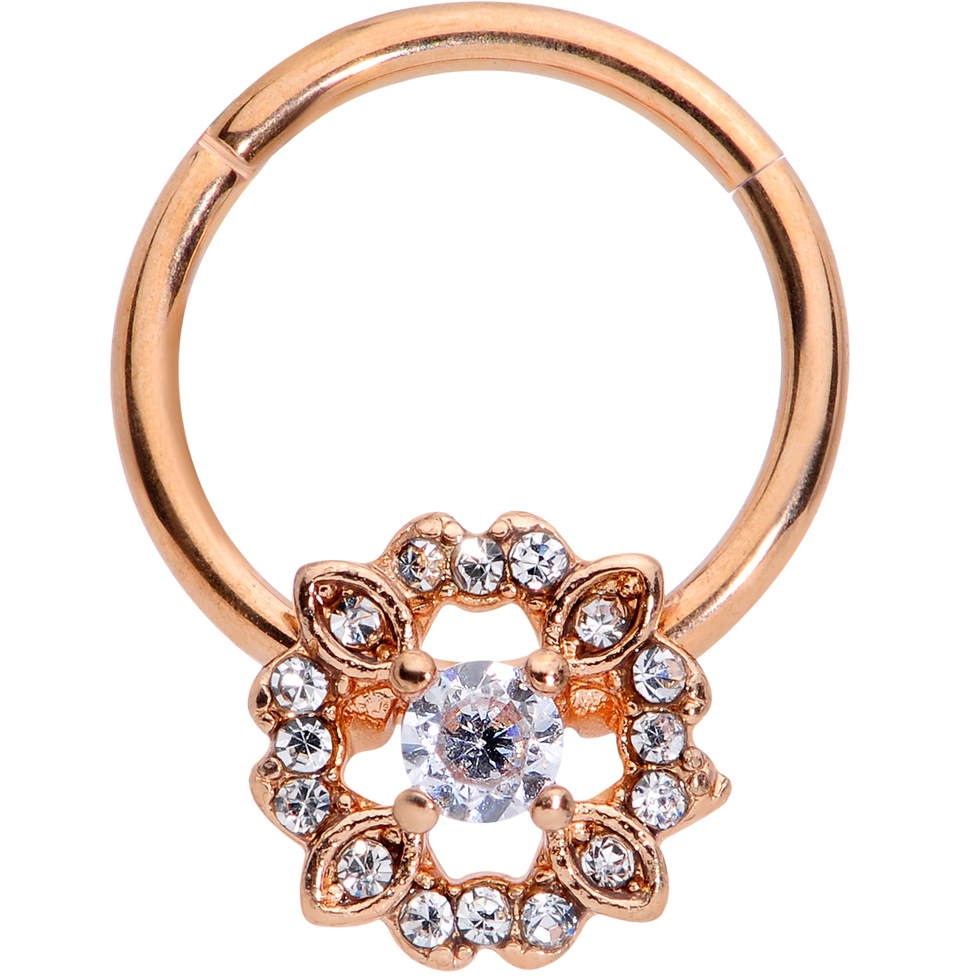 16G 3/8 Clear Gem Rose Gold Tone Wreath Hinged Segment Ring