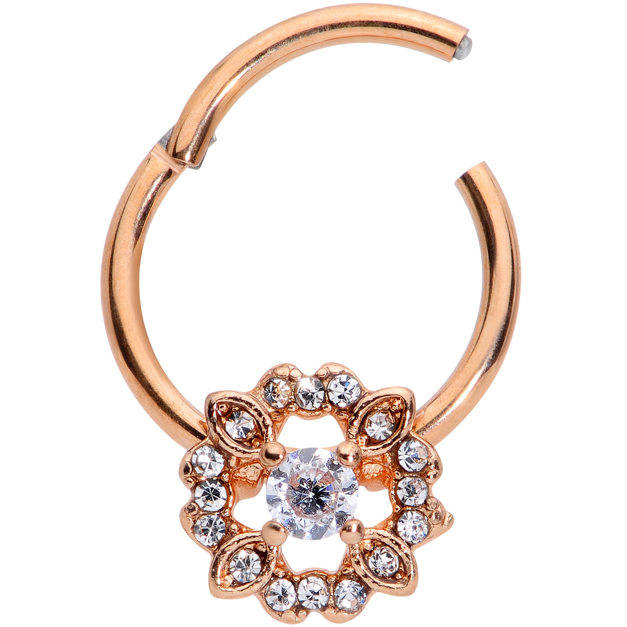16G 3/8 Clear Gem Rose Gold Tone Wreath Hinged Segment Ring