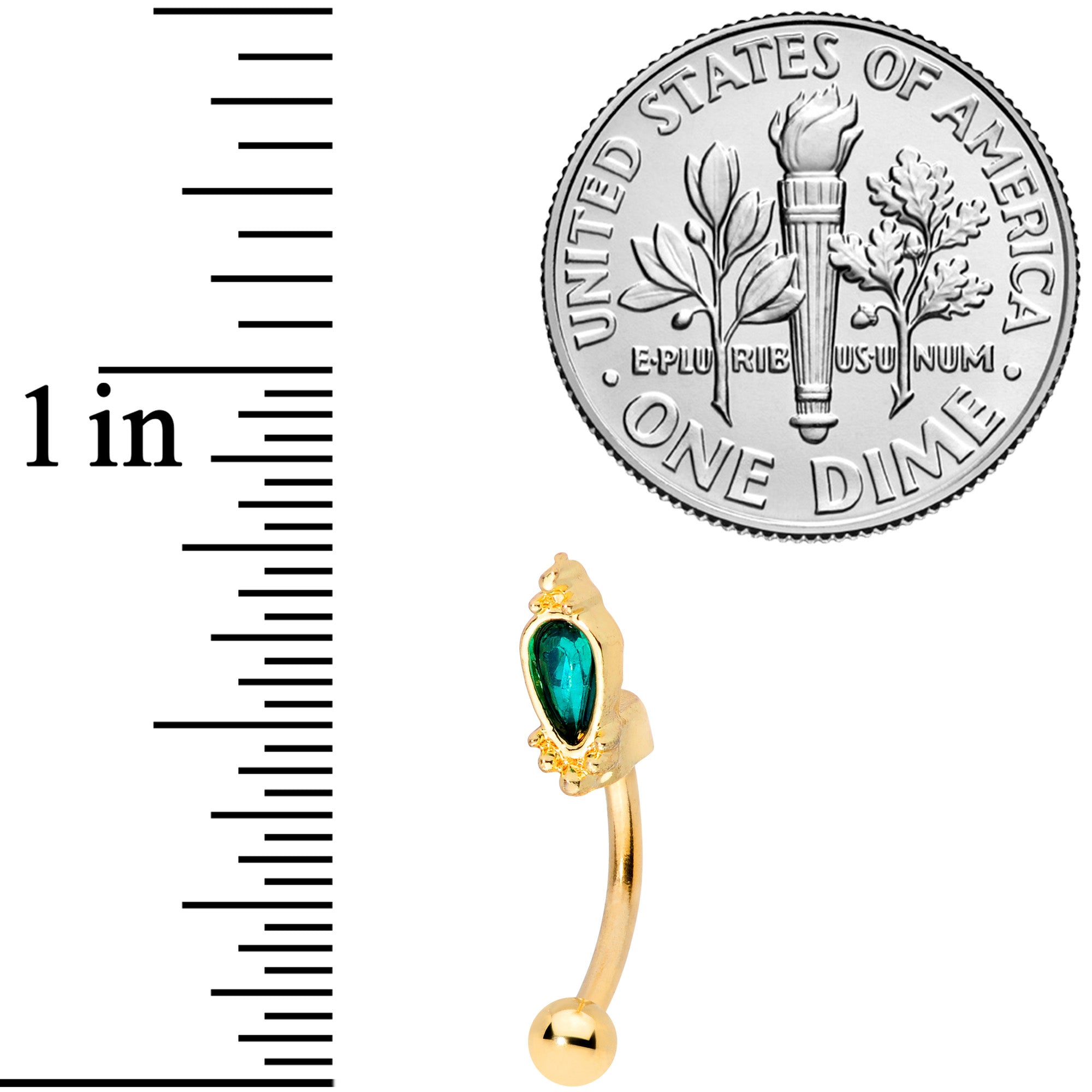 16G 5/16 Green Gem Gold Tone Regal Drop Curved Eyebrow Ring