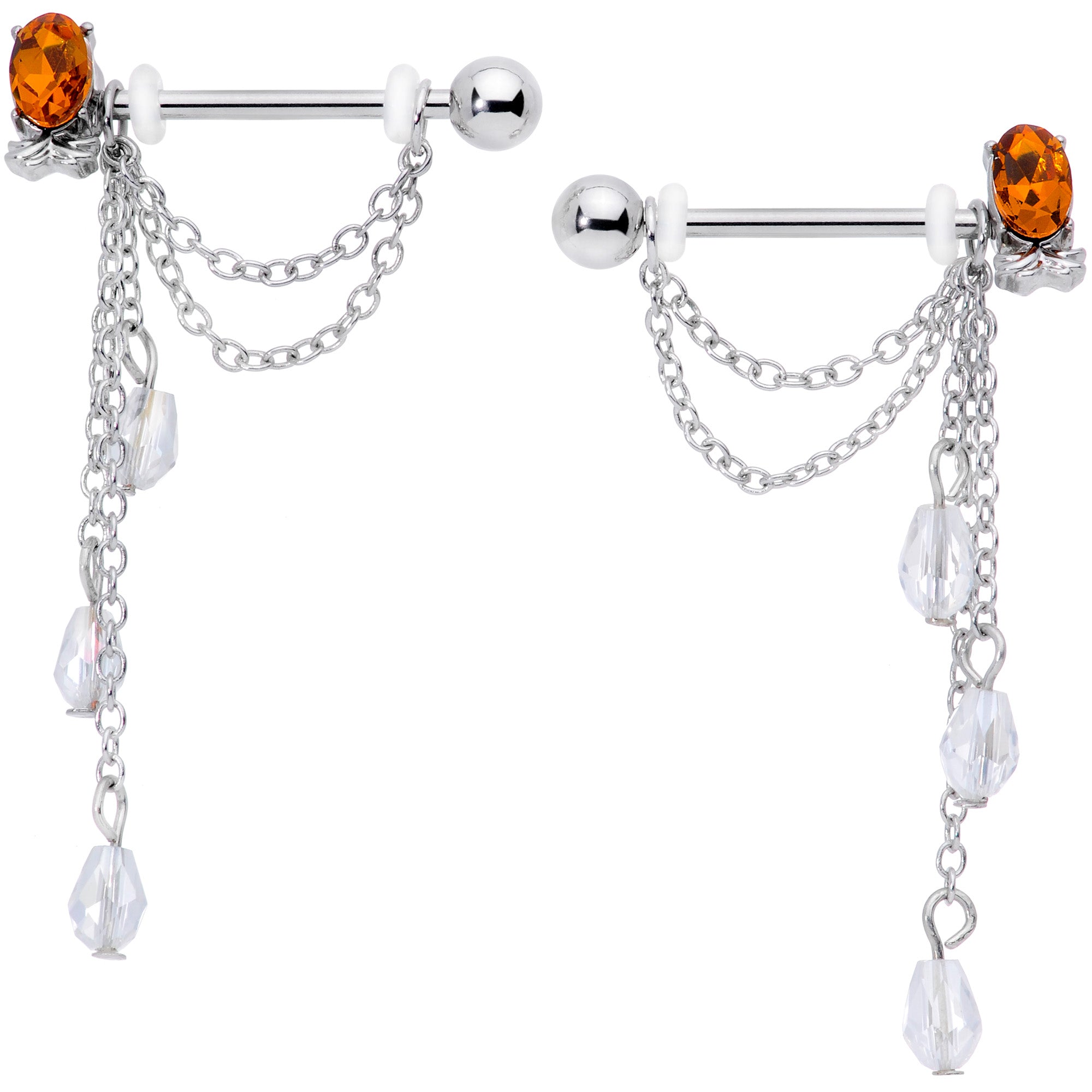 14G 9/16 Clear Orange Gem Pineapple Dangle Nipple Ring Set