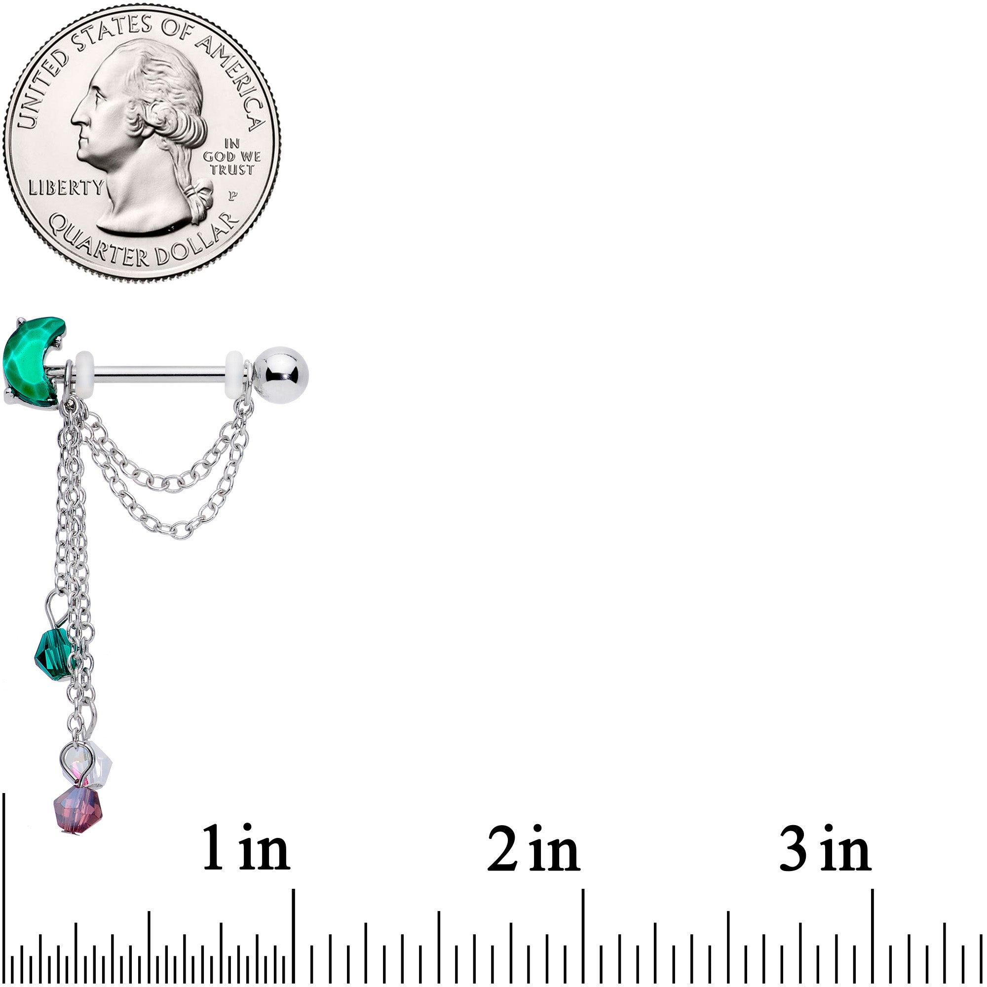 14G 9/16 Clear Green Gem Moon Trio Dangle Barbell Nipple Ring Set