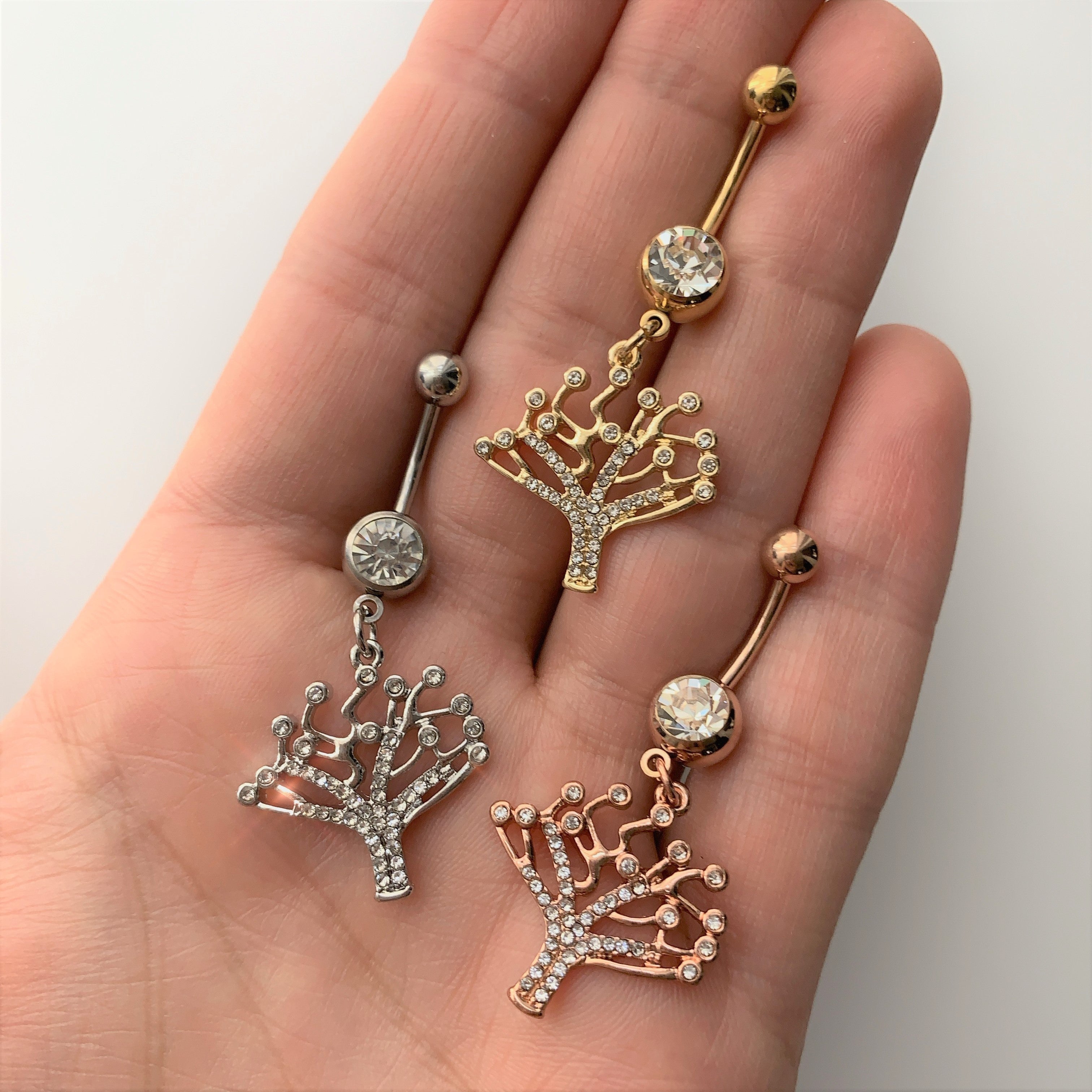 Clear CZ Gem Gold Tone Angular Tree of Life Dangle Belly Ring