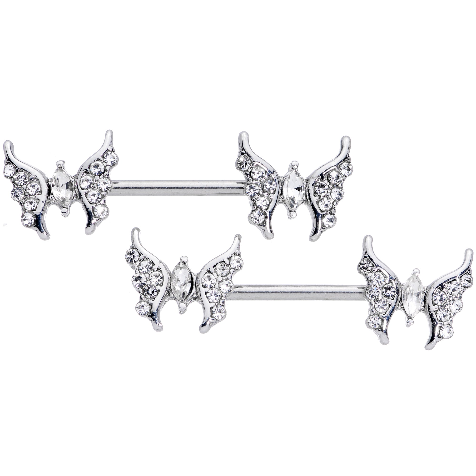 14G 9/16 Clear CZ Gem Drama Butterfly Barbell Nipple Ring Set