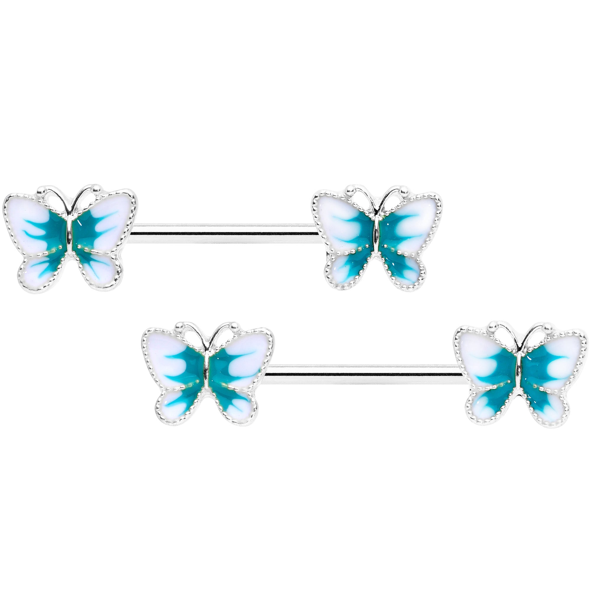 14G 9/16 White Green Butterfly Barbell Nipple Set
