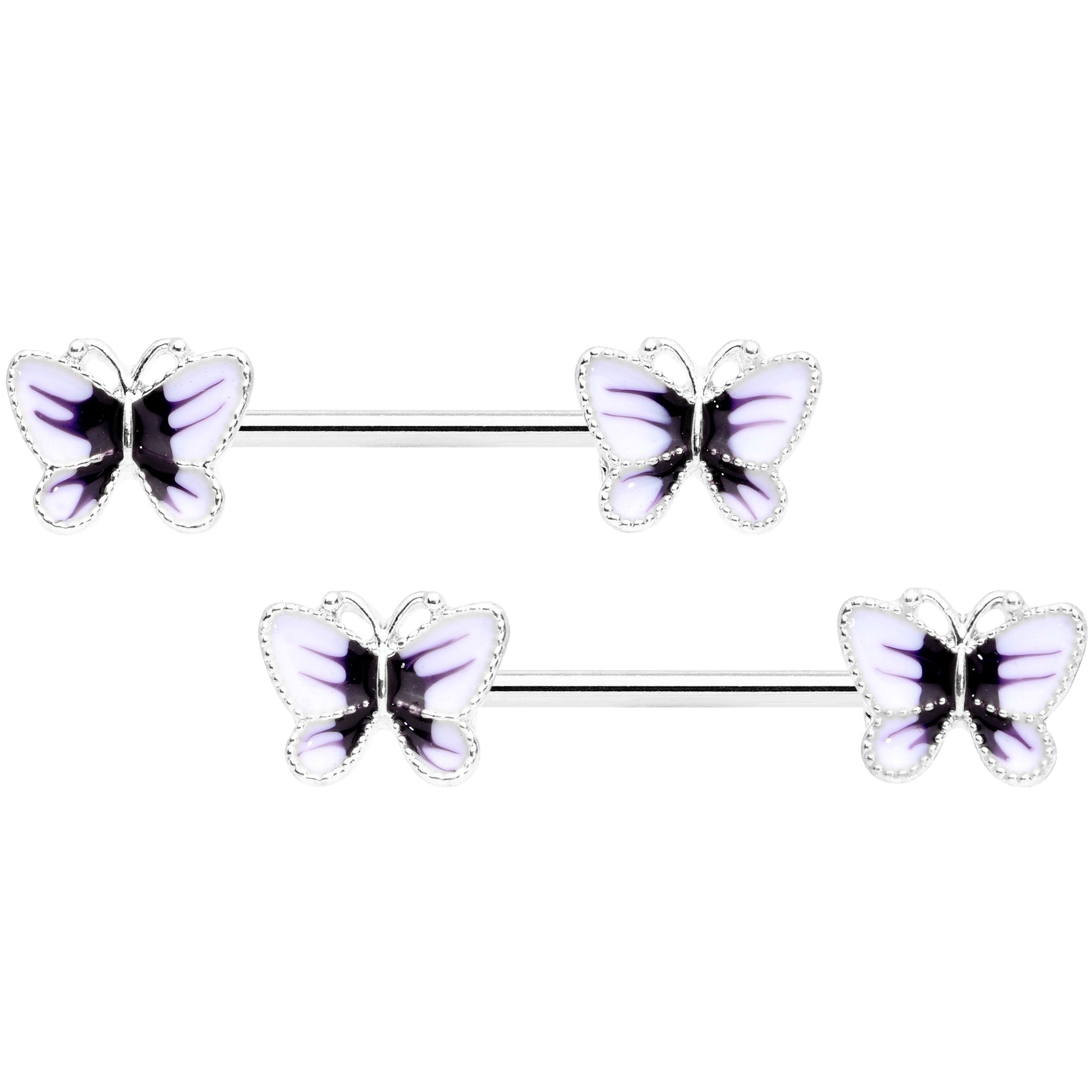 14G 9/16 White Purple Butterfly Barbell Nipple Set