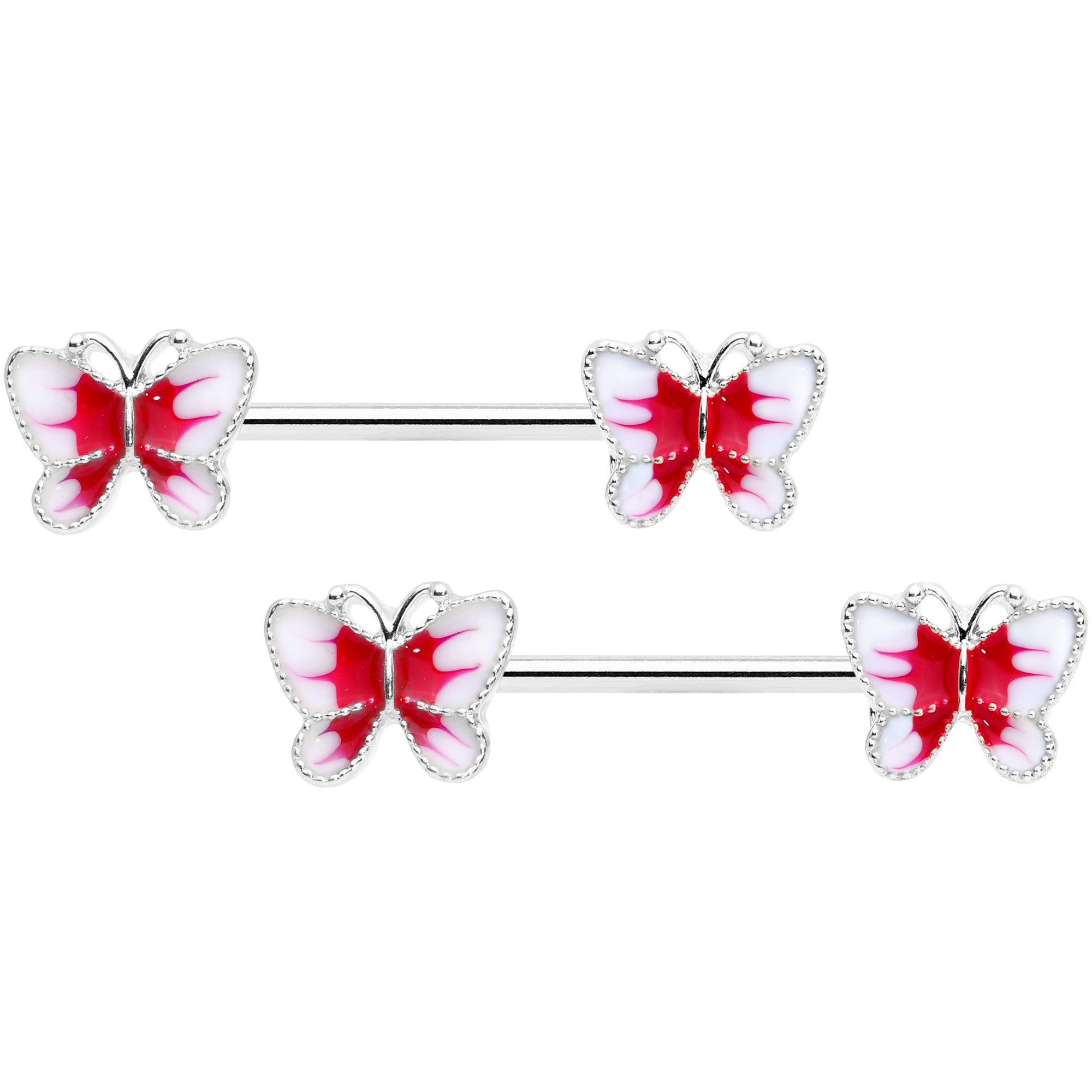 14G 9/16 White Red Butterfly Barbell Nipple Set