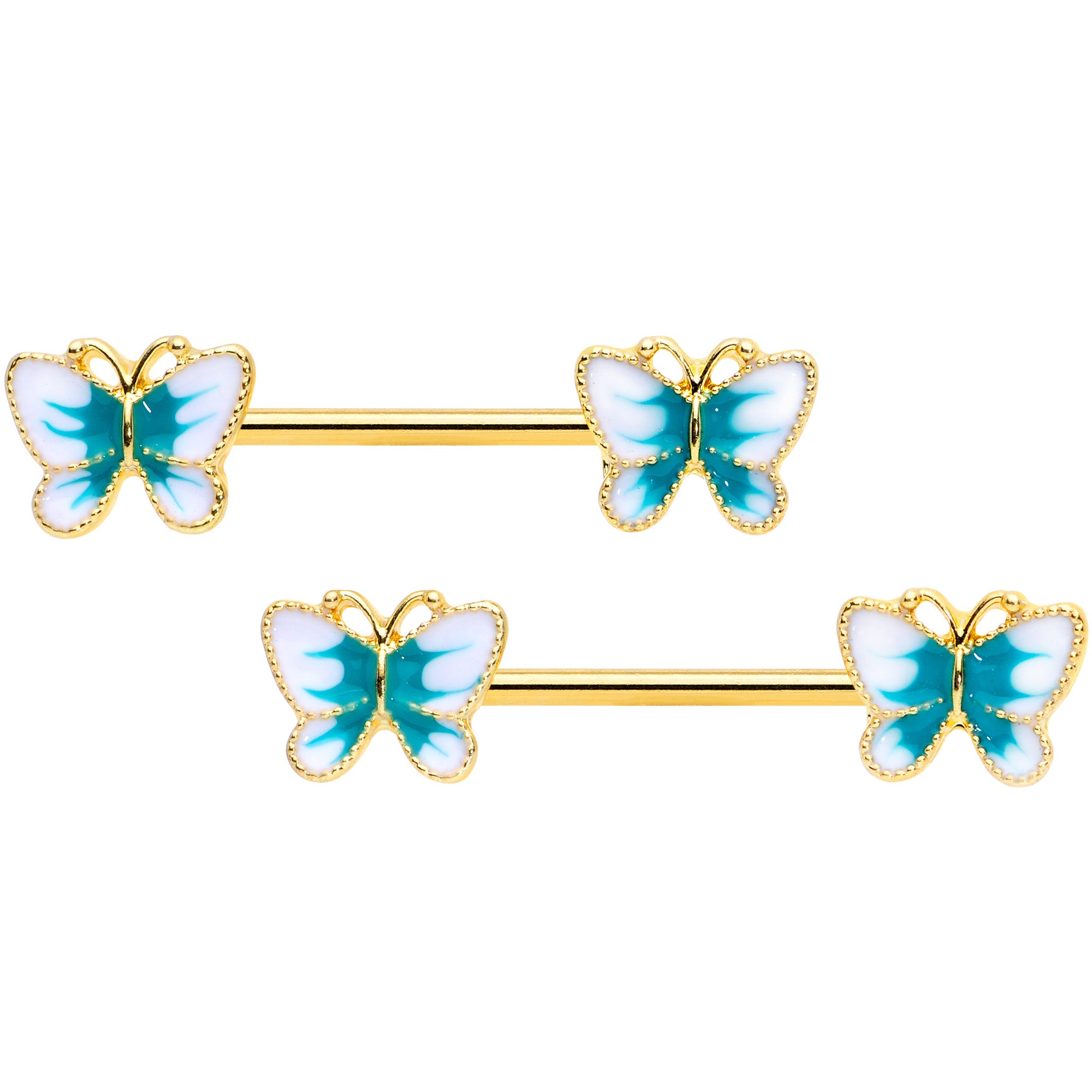 14G 9/16 Gold Tone White Green Butterfly Barbell Nipple Set
