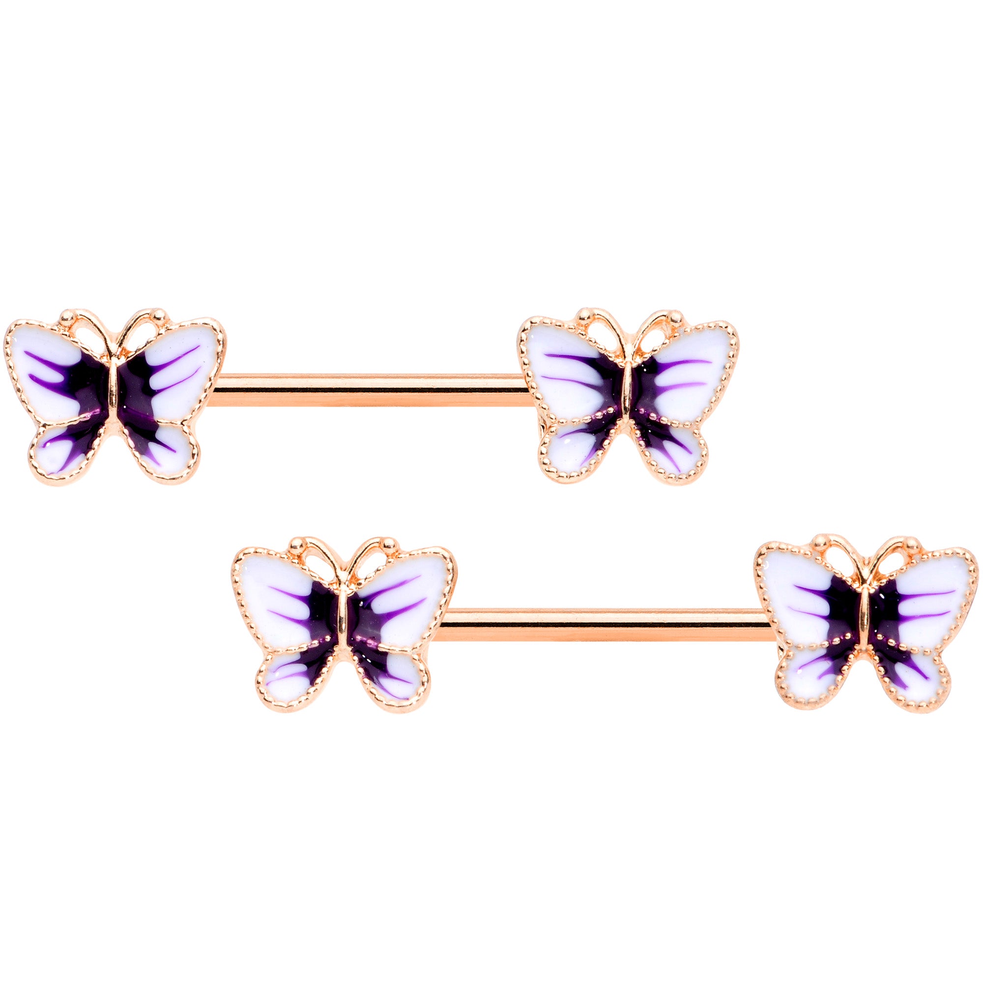 14G 9/16 Rose Gold Tone White Purple Butterfly Barbell Nipple Set