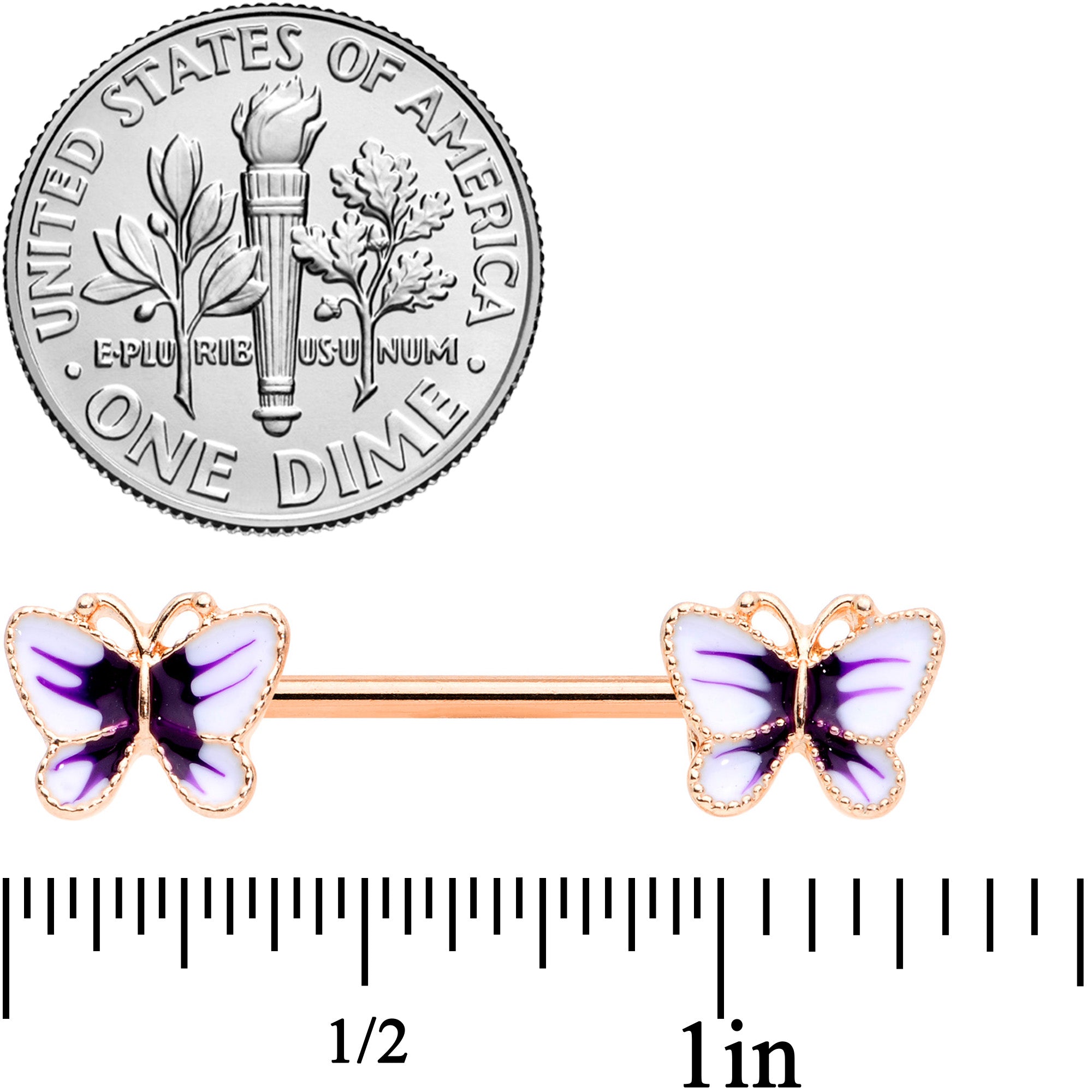 14G 9/16 Rose Gold Tone White Purple Butterfly Barbell Nipple Set