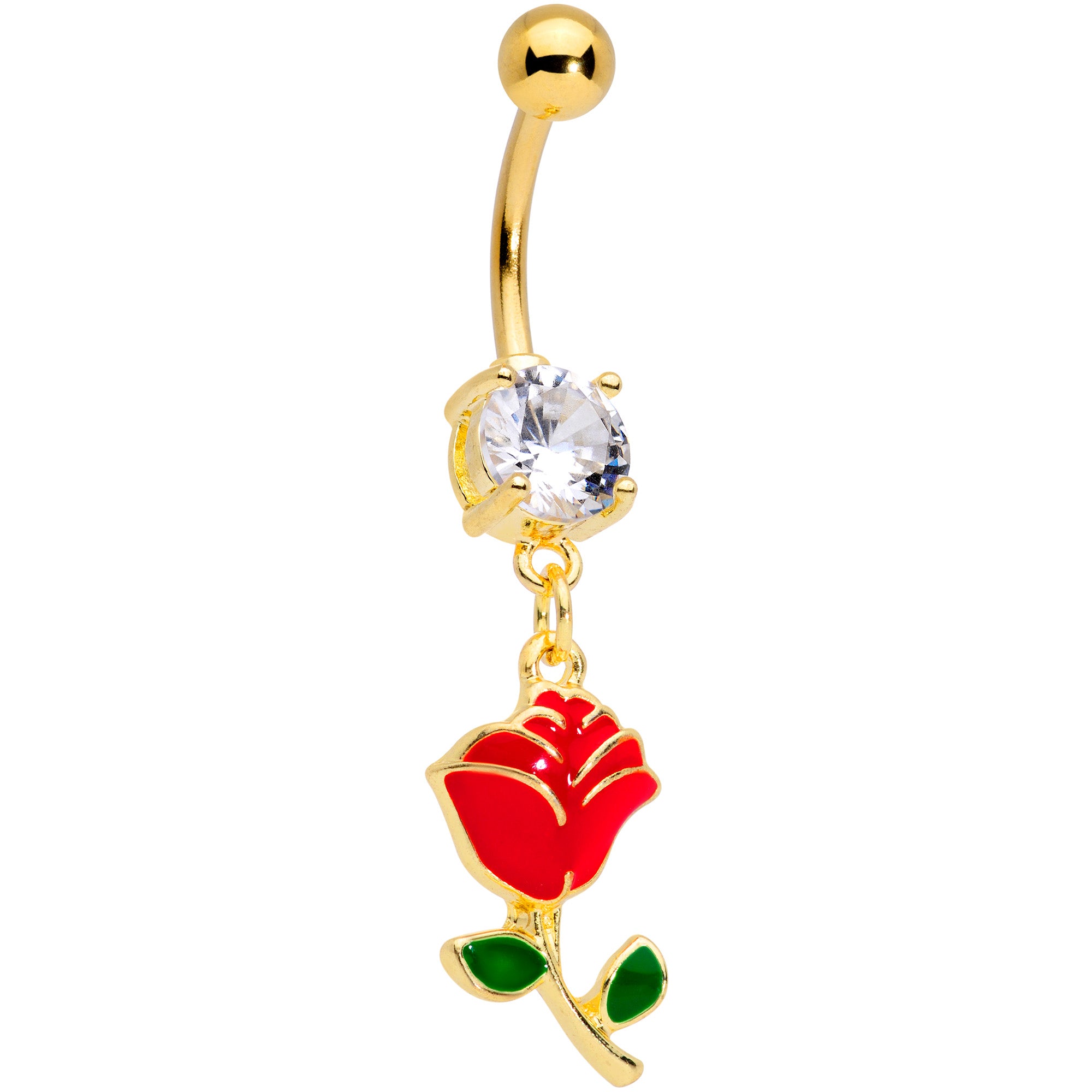 Clear Gem Gold Tone Valentines Day Red Rose Dangle Belly Ring