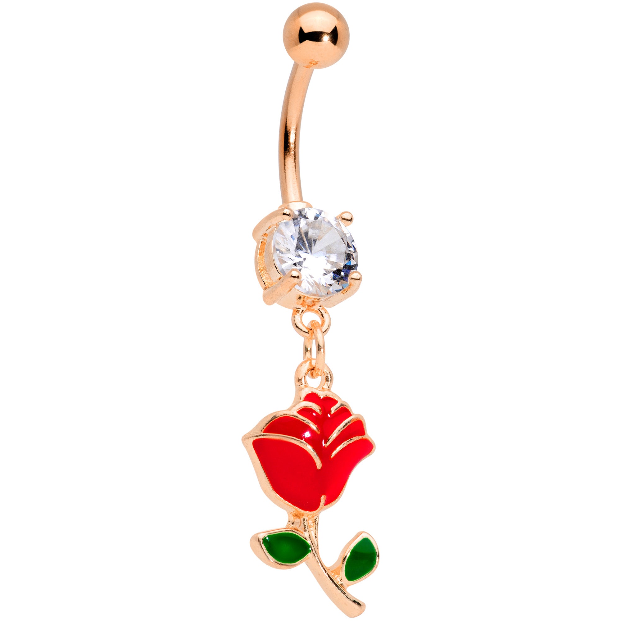 Clear Gem Rose Gold Tone Valentines Day Red Rose Dangle Belly Ring