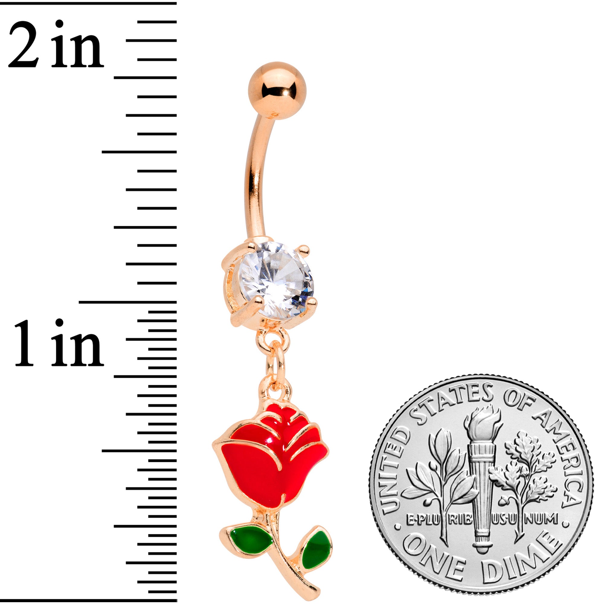 Clear Gem Rose Gold Tone Valentines Day Red Rose Dangle Belly Ring