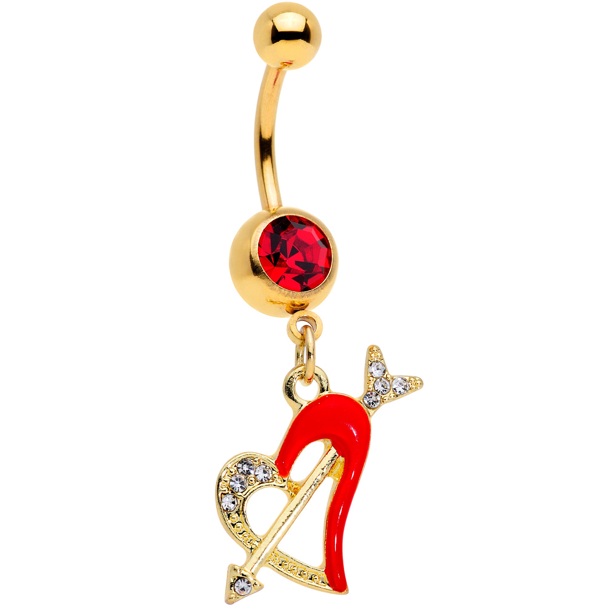Clear Red Gem Gold Tone Valentine Heart Dangle Belly Ring