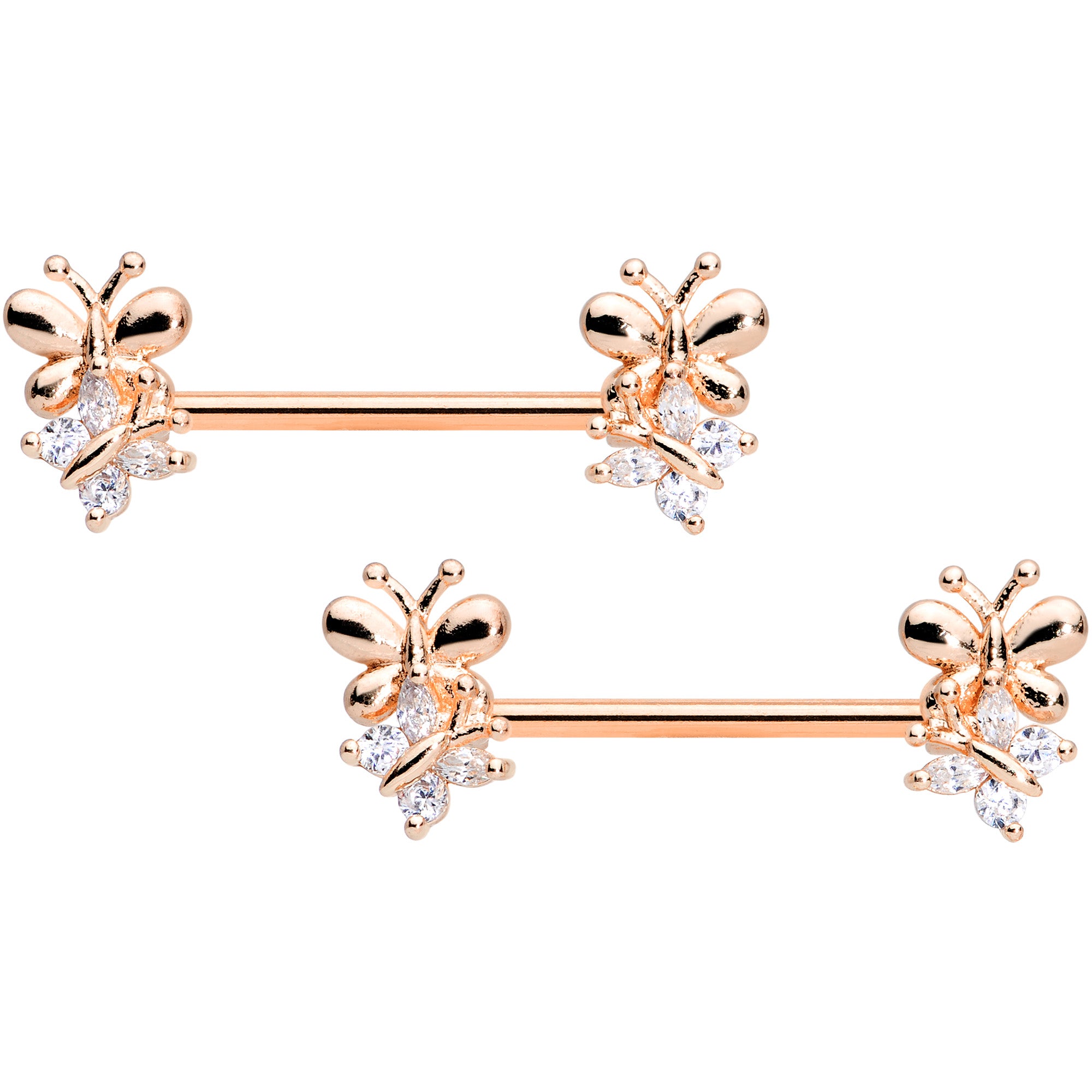 14G 5/8 Clear CZ Gem Rose Gold Tone Butterfly Barbell Nipple Set