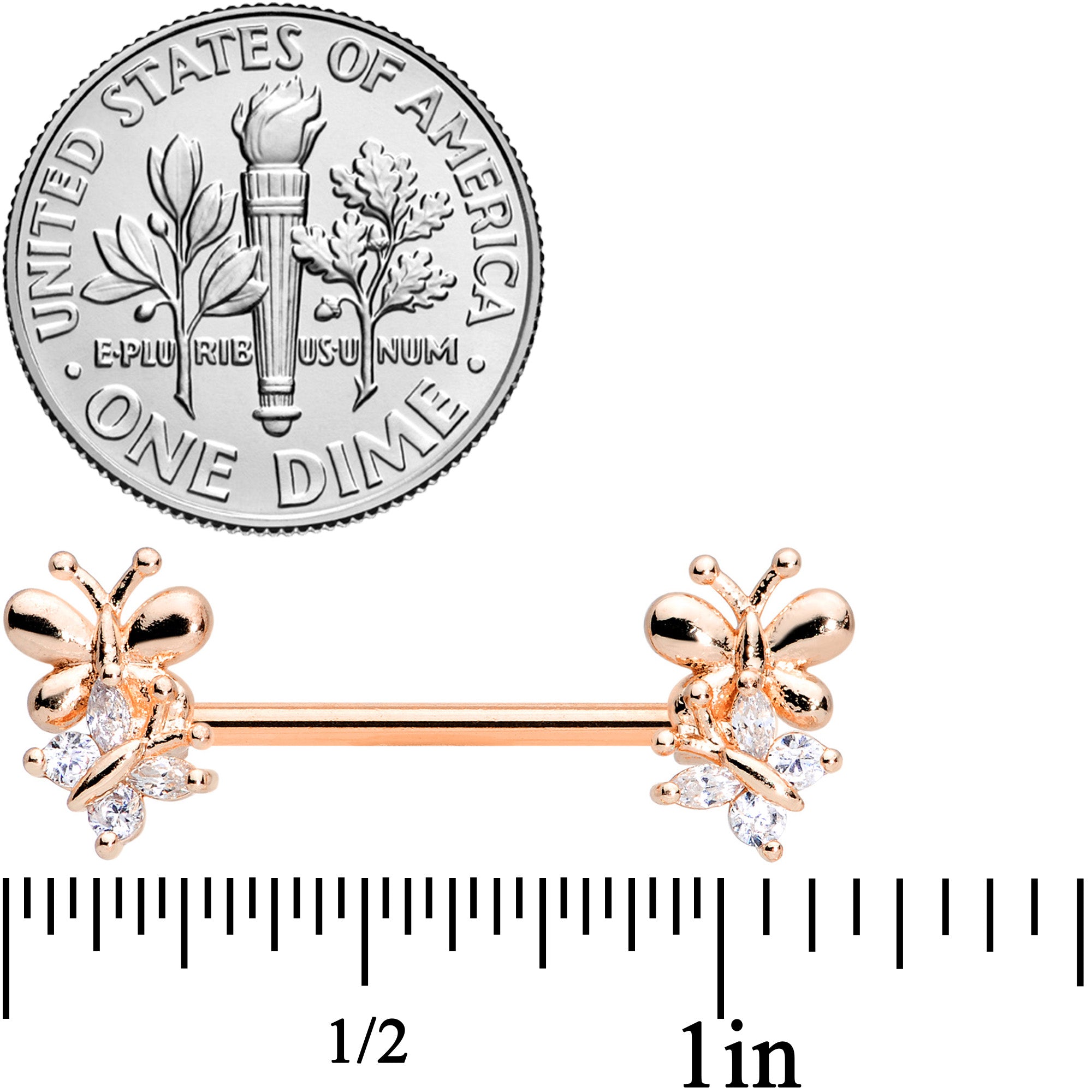 14G 5/8 Clear CZ Gem Rose Gold Tone Butterfly Barbell Nipple Set