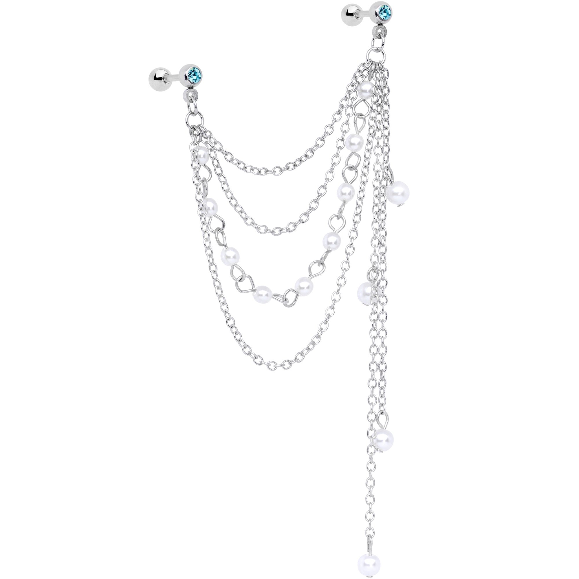 16G 1/4 Aqua Gem Multiple Dangle Cartilage Chain Earring