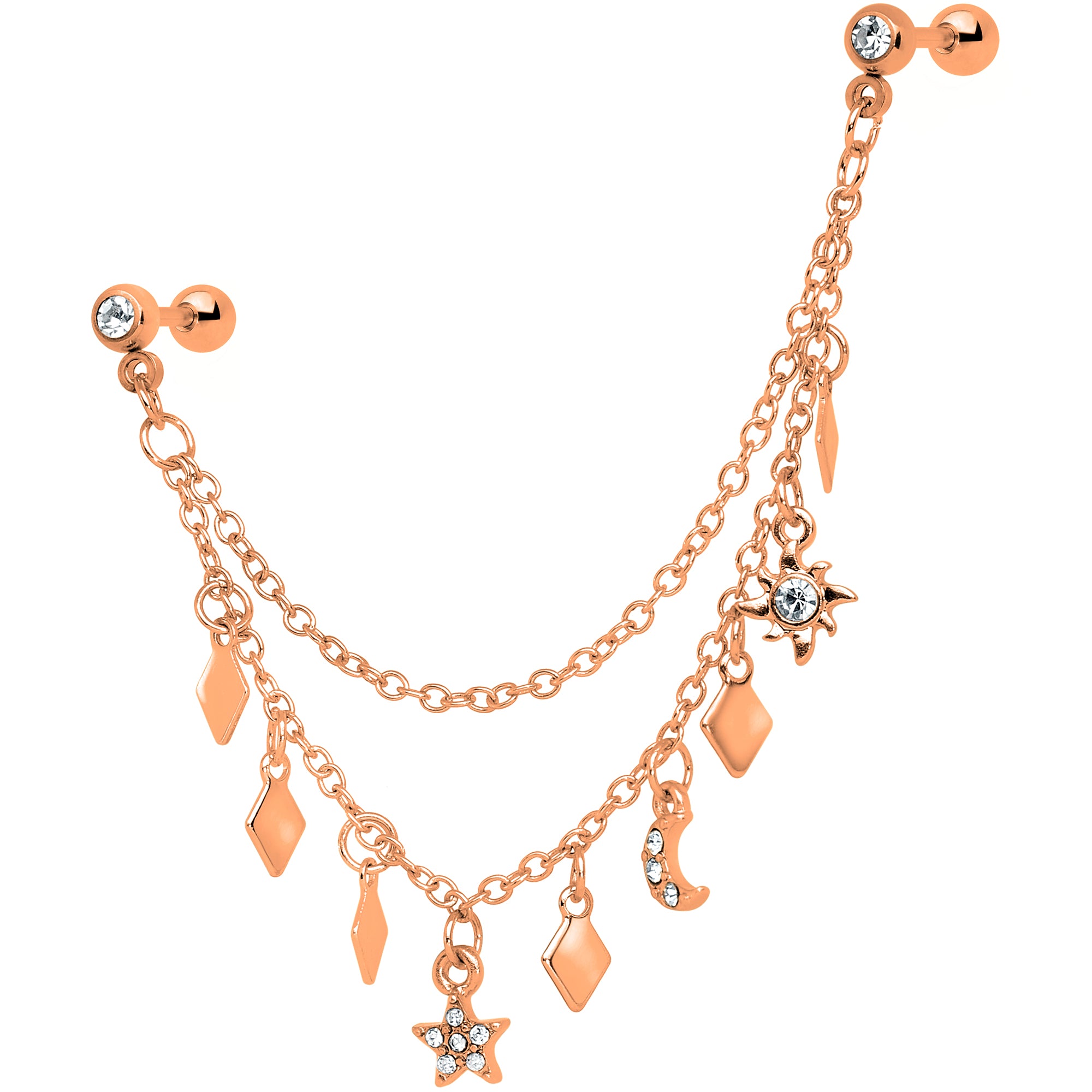 16G 1/4 Rose Gold Tone Moon Sun Dangle Cartilage Chain Earring