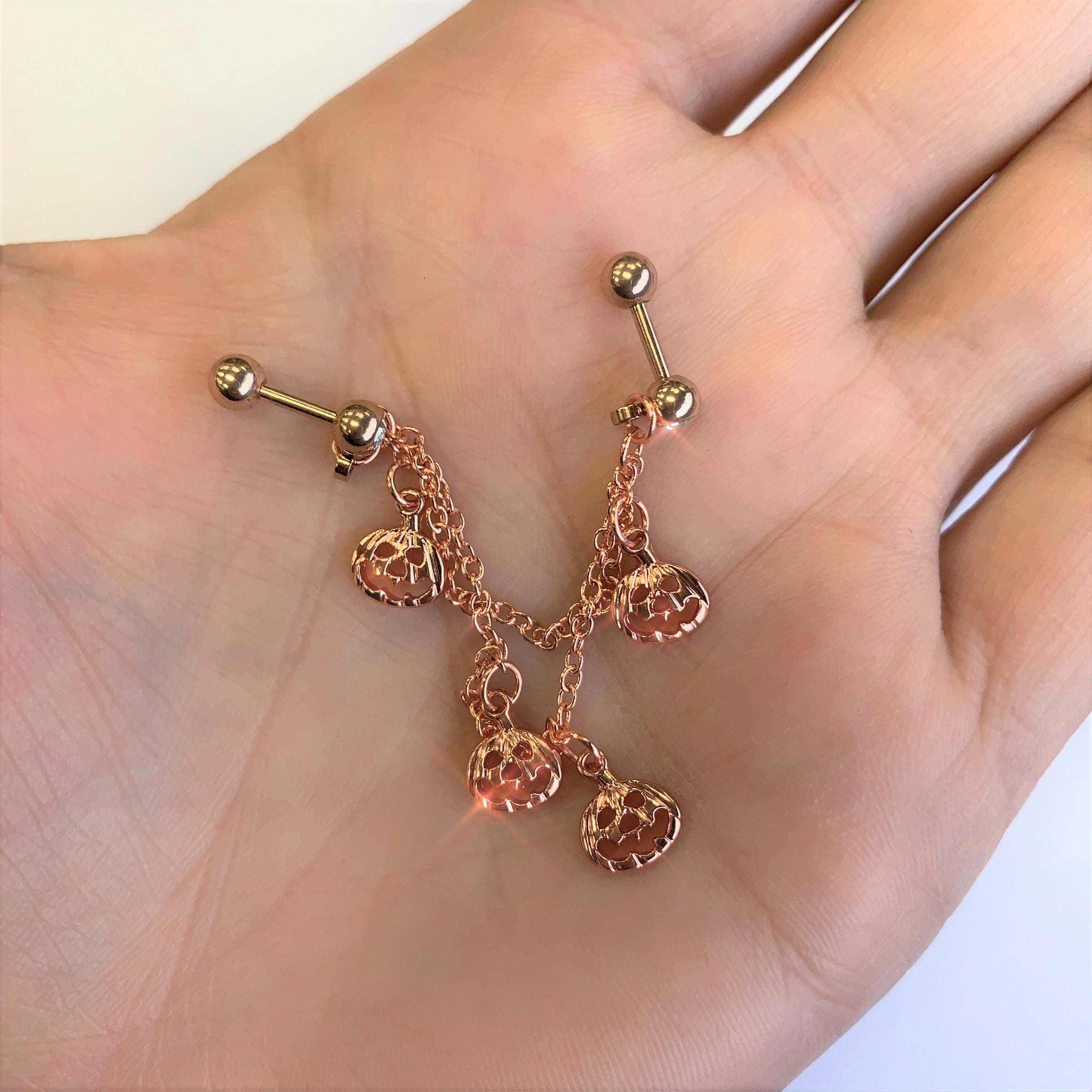 16G 1/4 Clear Gem Rose Gold Tone Pumpkin Cartilage Chain Earring