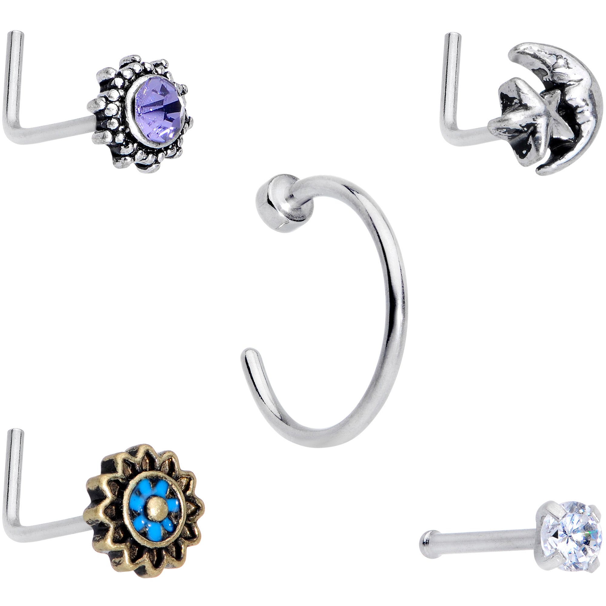 20G Clear CZ Gem Sun Moon Assorted L Shaped Nose Ring Set of 6